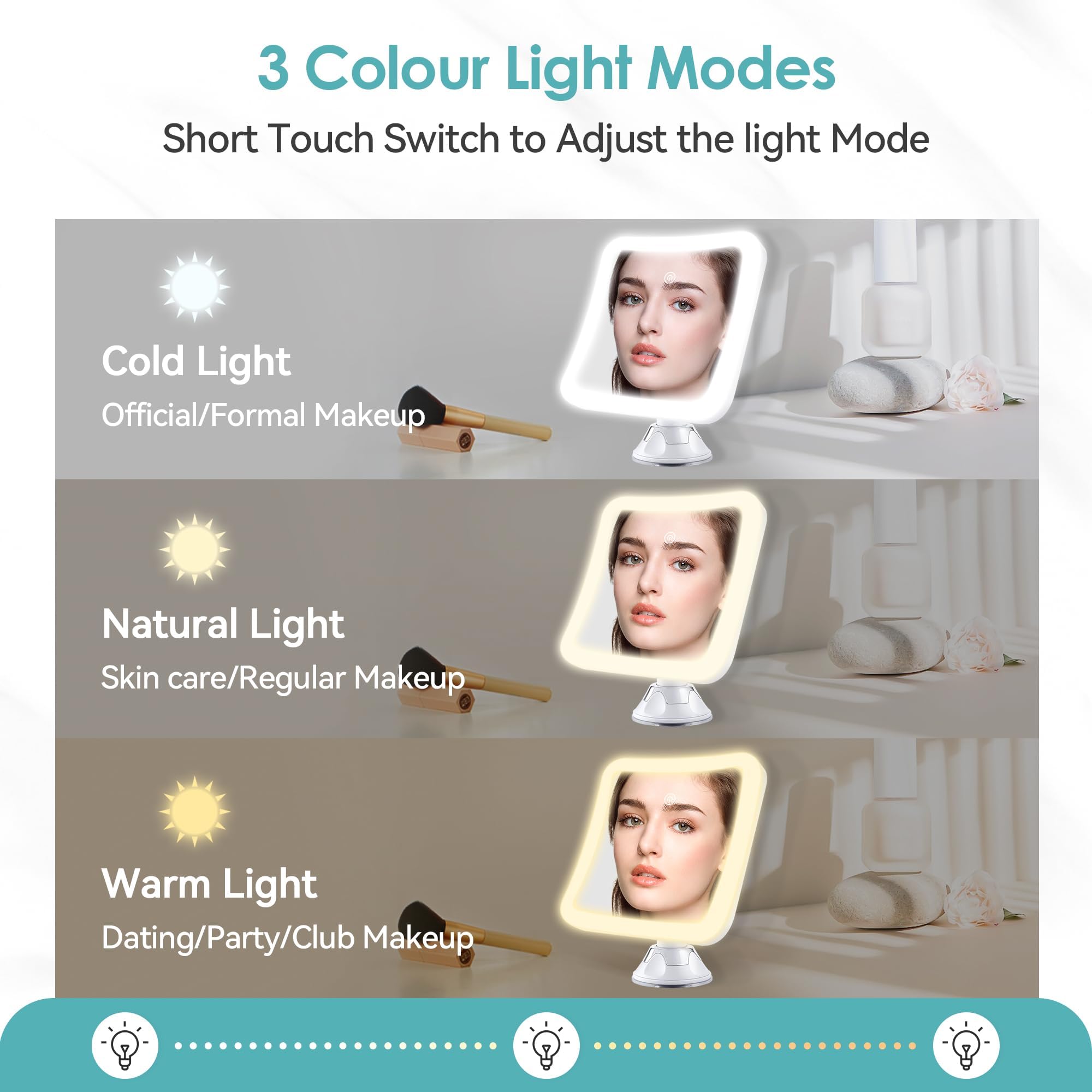 Miroir grossissant avec lumière, Miroir de Maquillage Lumineux grossissant 30x avec contrôle Tactile et Ventouse, Rechargeable, Rotation à 360°, Salle de Bain et Voyage, carré