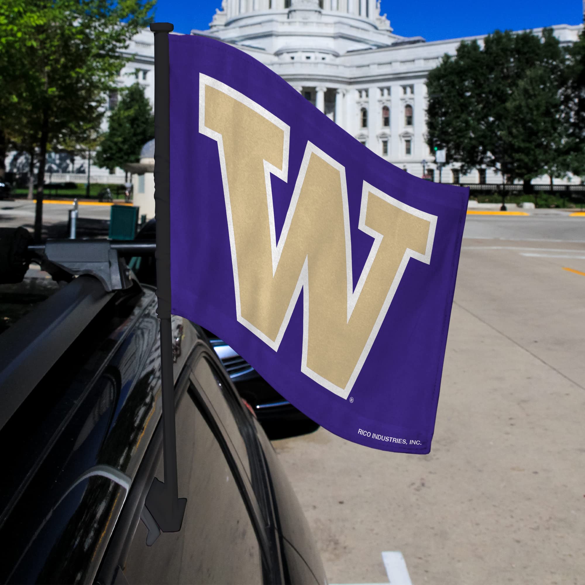 Rico Industries NCAA Washington Huskies Black Pole Car Flag W' Black Pole Double Sided Car Flag - 16