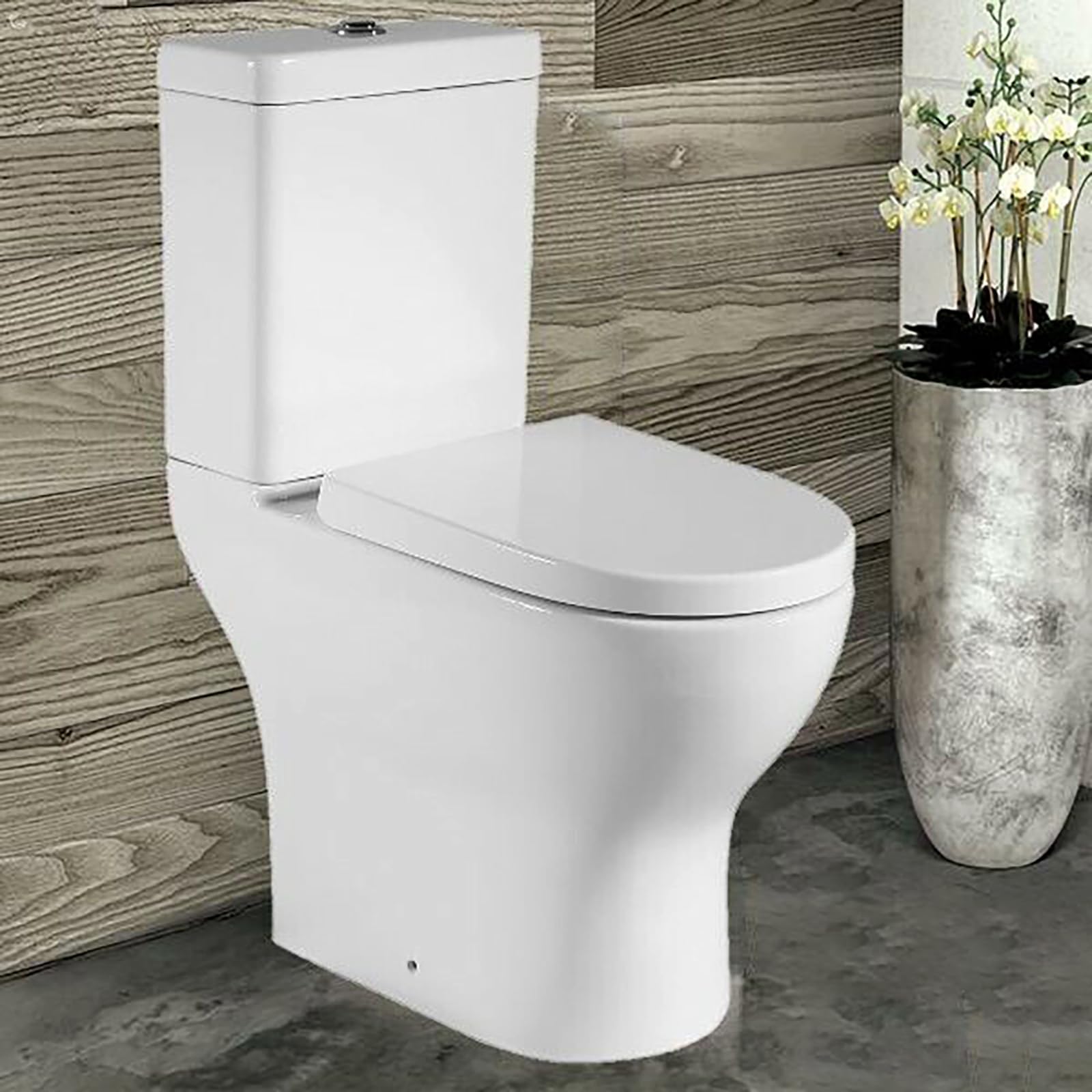 Modern Close Coupled Toilet Open Back Comfort Height Toilets White Ceramic WC Pan & Cistern Soft Close Seat Round Short Projection Compact Back to Wall Toilet for Bathrooms
