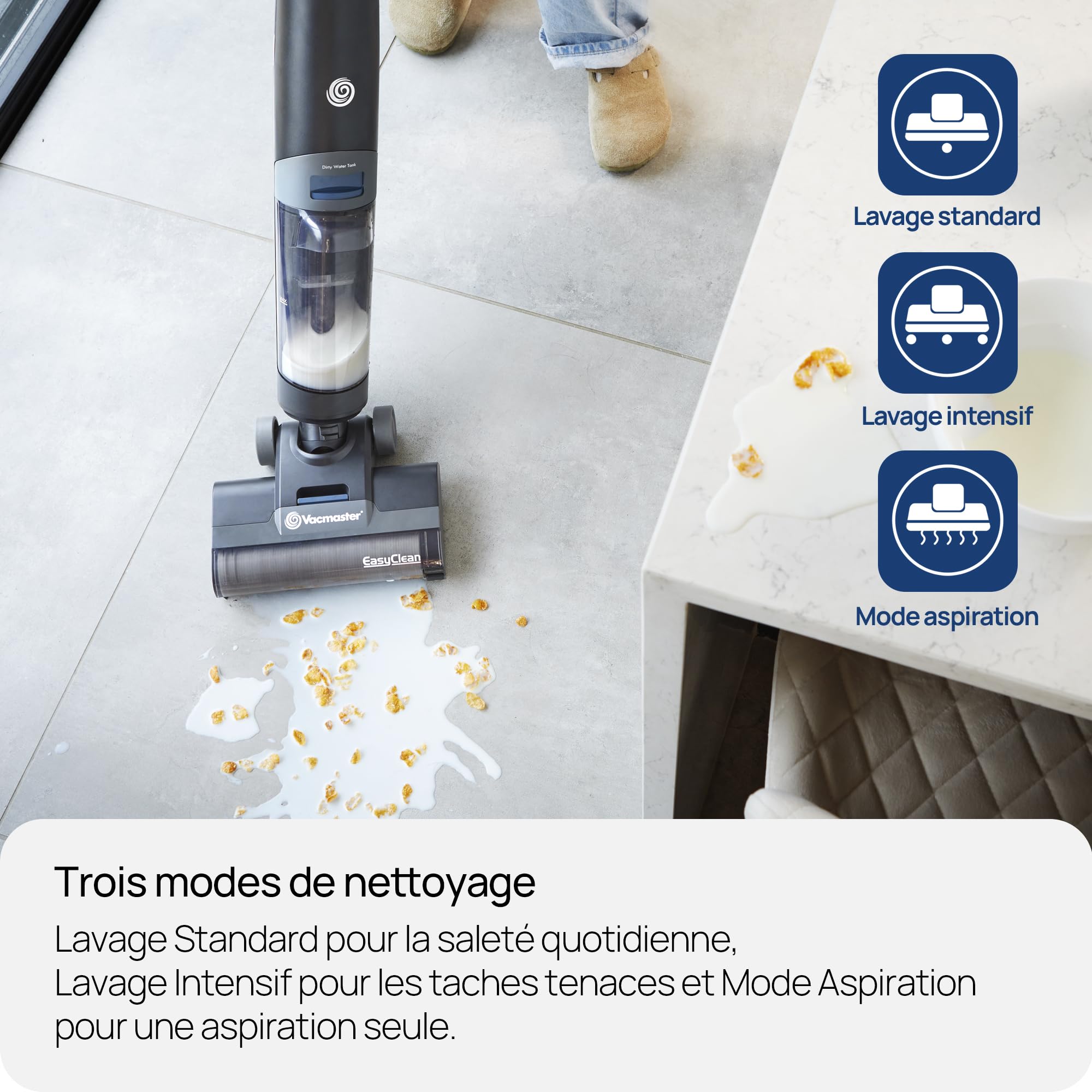 Vacmaster EasyClean 8 kPa HVA Aspirateur sans Fil Tout-en-Un et Balai serpillère pour Nettoyage Humide et Sec avec 3 Modes de Nettoyage, écran LED intuitif, Sortie vocale et Auto-Nettoyage
