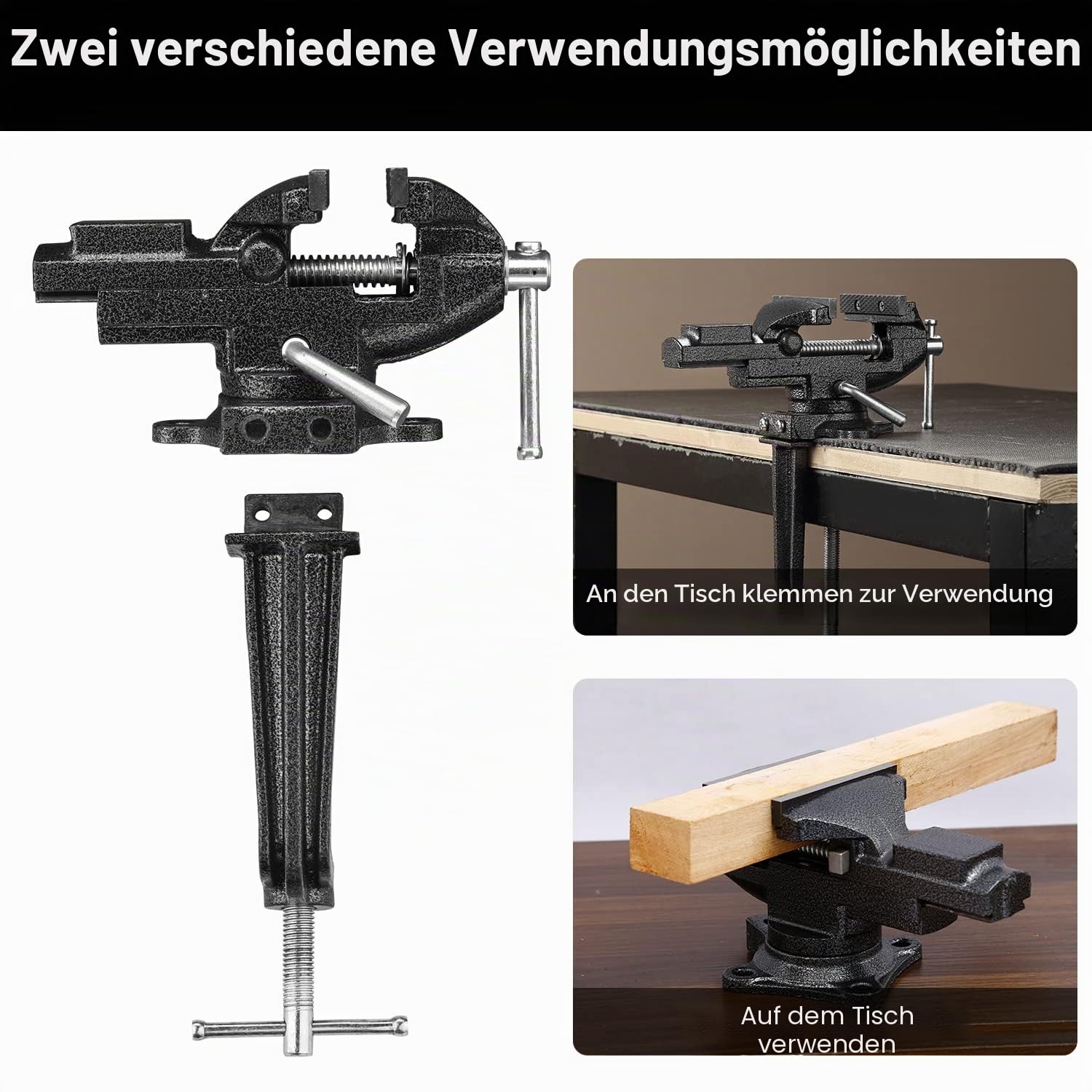 TEENO Schraubstock Drehbar,Breite der Backe 85 mm, Schraubstock klemmbar mit 360° Drehbarem Sockel, Material aus Gegossenem Stahl, 800 kg, Abnehmbar und mit Doppeltem Verwendungszweck (85 mm)