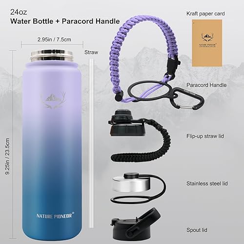 Miniatura 6 de NATURE PIONEOR Botellas de agua aisladas con mango de paracaídas, 24324064 onzas, botella de agua deportiva de boca ancha con 3 tapas, de acero