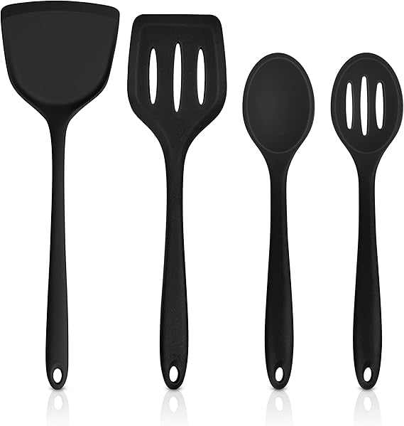 TeamFar Silicone Cooking Utensils, 4pcs Kitchen Utensils Set with Silicone Spatulas & Spoons, Heat-Resistant Solid & Slotted Cooking Spoons Turners for Non-stick Cookware, Dishwasher Safe, Black