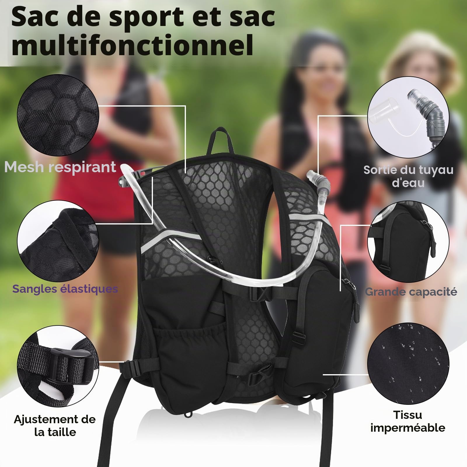 Sac à dos d'hydratation pour le cyclisme de plein air - Gilet de course à pied - 5 l - Respirant - Pour homme et femme - Avec sac à eau de 1,5 l