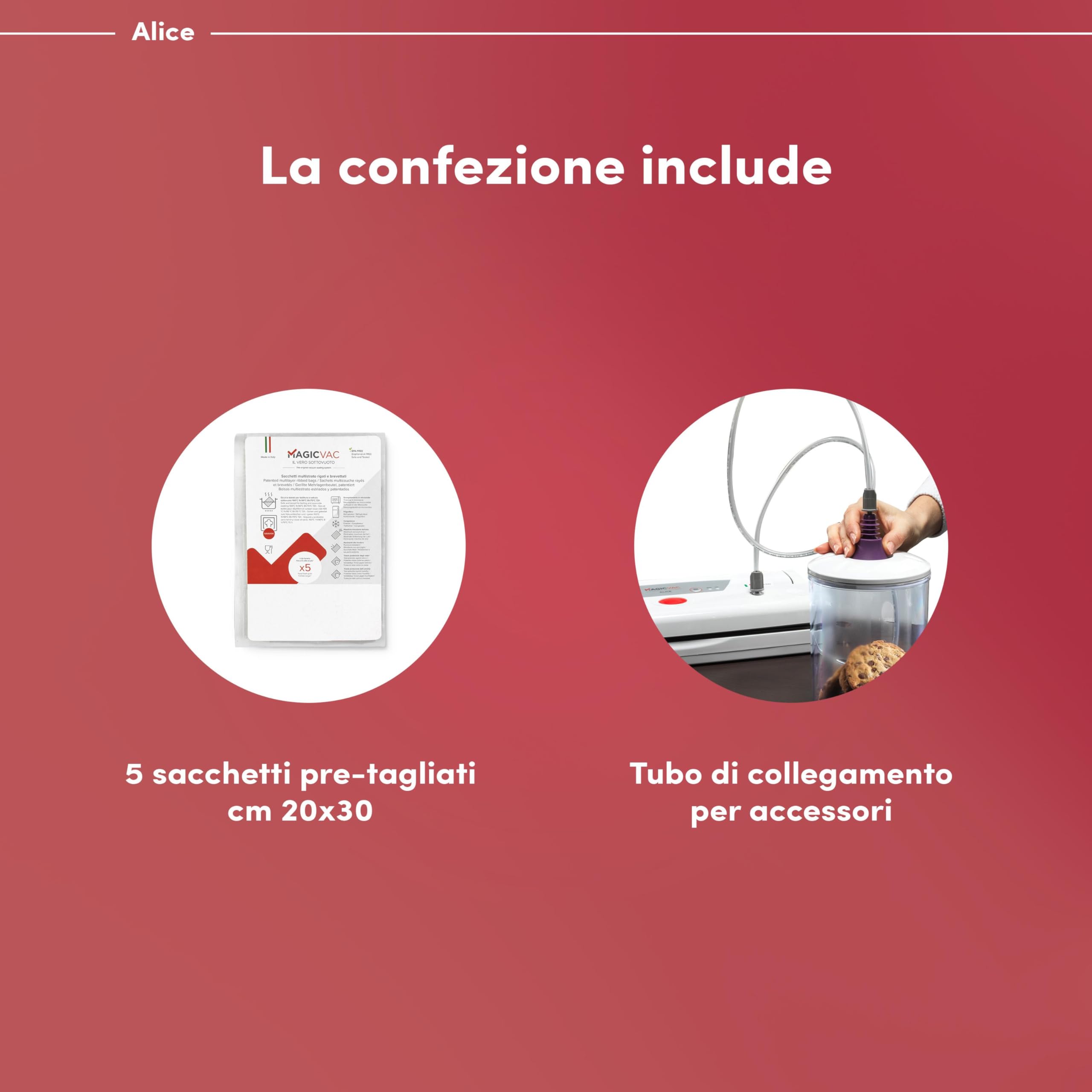 Magic Vac, Alice, Macchina Sottovuoto Alimenti Multifunzione, Ideale per Sacchetti Sottovuoto e Contenitori, con Doppio Filtro e Kit Sottovuoto Alimenti, Tecnologia Brevettata, Made in Italy, Bianca