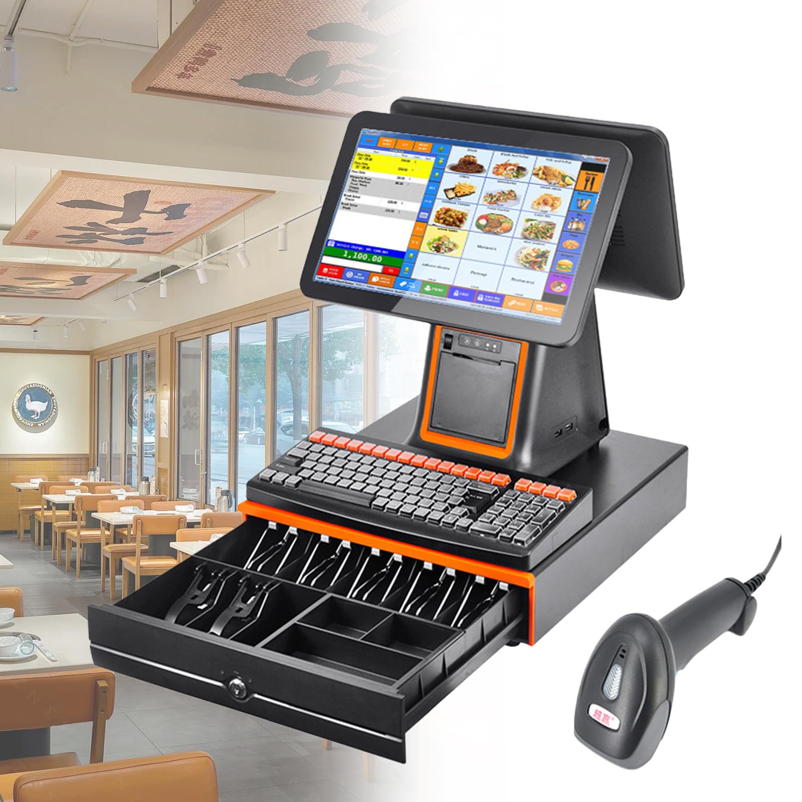 Caja registradora inteligente todo en uno con pantalla táctil LCD de 15.6 pulgadas e impresora de recibos integrada, compatible con 30 idiomas, para comercios, restaurantes y sistemas TPV black-B
