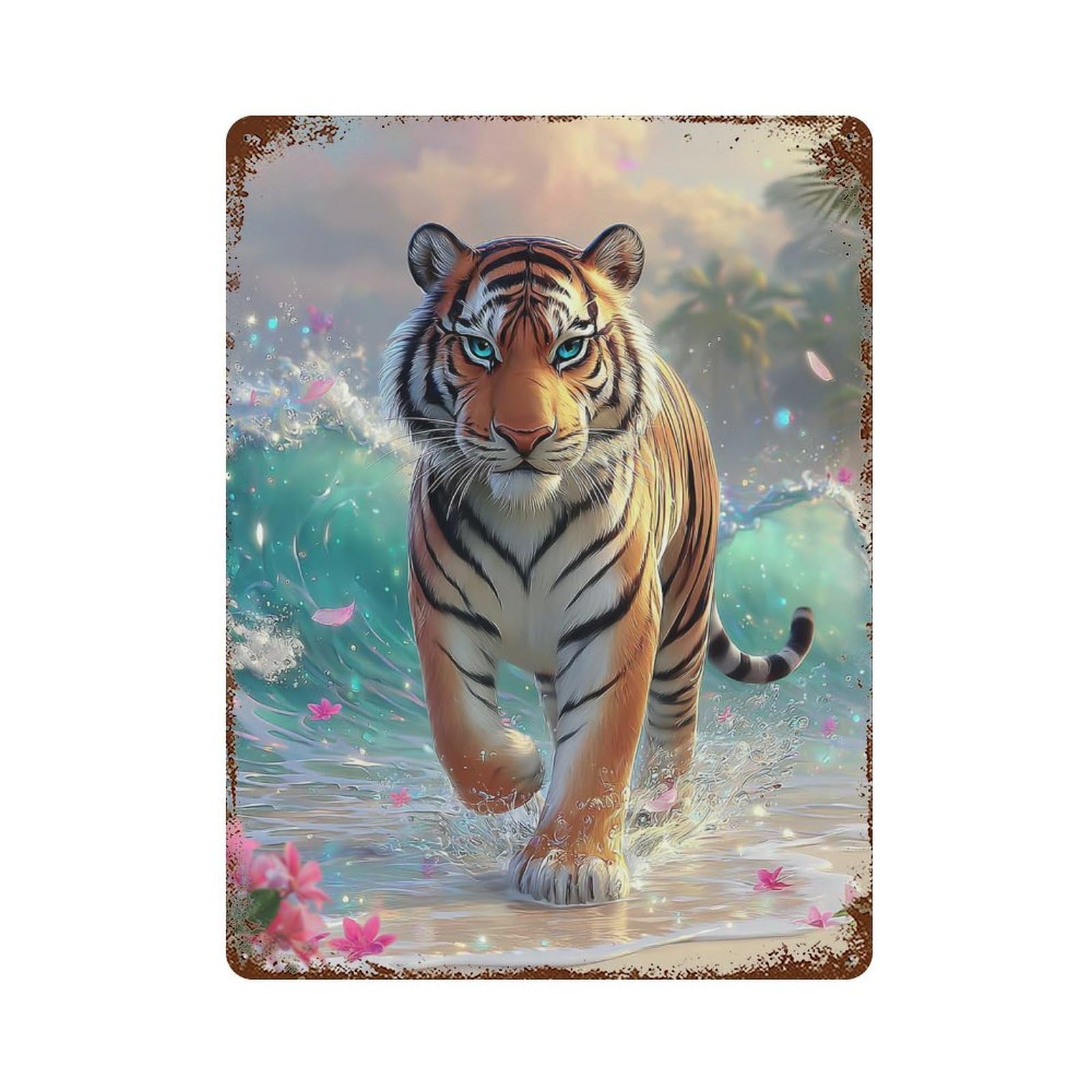 Tiger in Tropical Paradise Rust Effect Tin Sign 15.7"x11.8", Industrial Home Decor for Basement, Hobby Room And Garage Decor