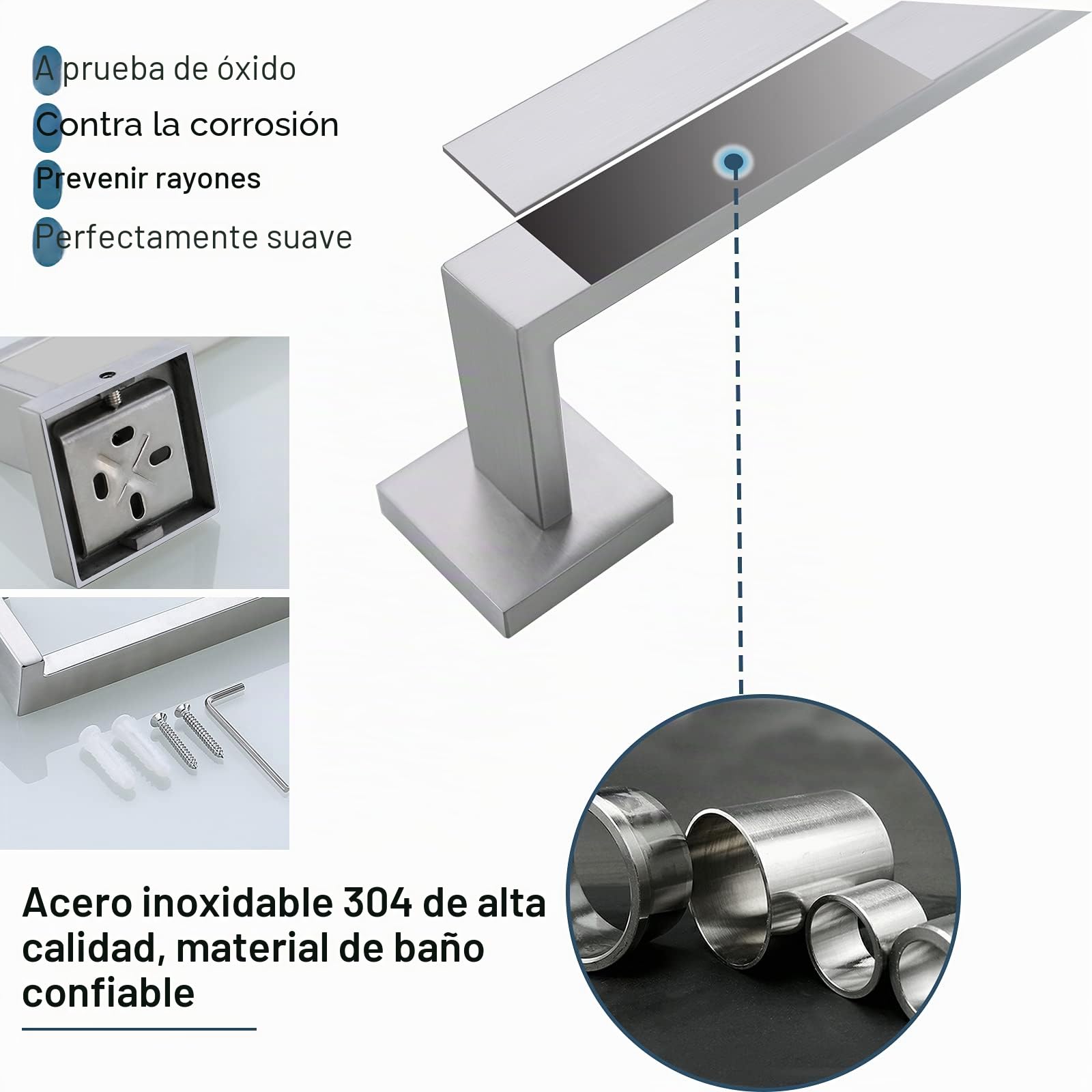 Juego de 4 accesorios de baño de acero inoxidable cepillado de alta calidad, cuadrados, montaje en pared, 60 cm, níquel cepillado