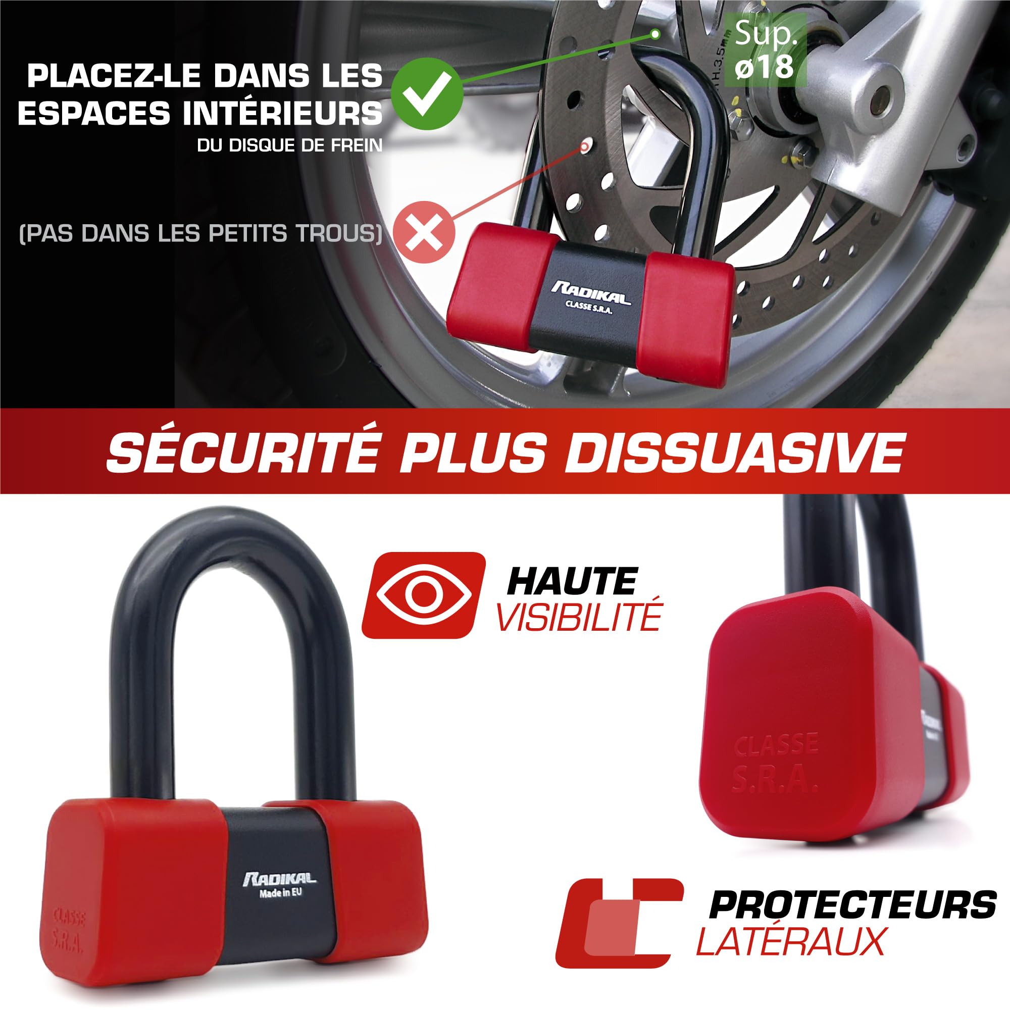 RADIKAL RK48120 Antivol Moto Homologué SRA, Sécurité Premium, Mini U 18mm Chaîne Acier Cémenté 13,5mm Testée contre Sciage Coupe-Boulons, Multifonction Bloque Disque/Chaîne 120cm pour Ancrage Garage