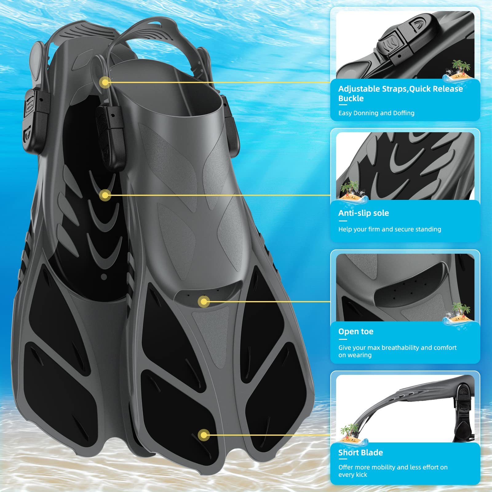 Set di boccaglio,Set per Snorkeling e Immersioni, Maschera Subacquea + Pinne + Tubo Respiratore + Sacca da Trasporto, Unisex Kit Maschera Nuoto per Adulti Adolescenti