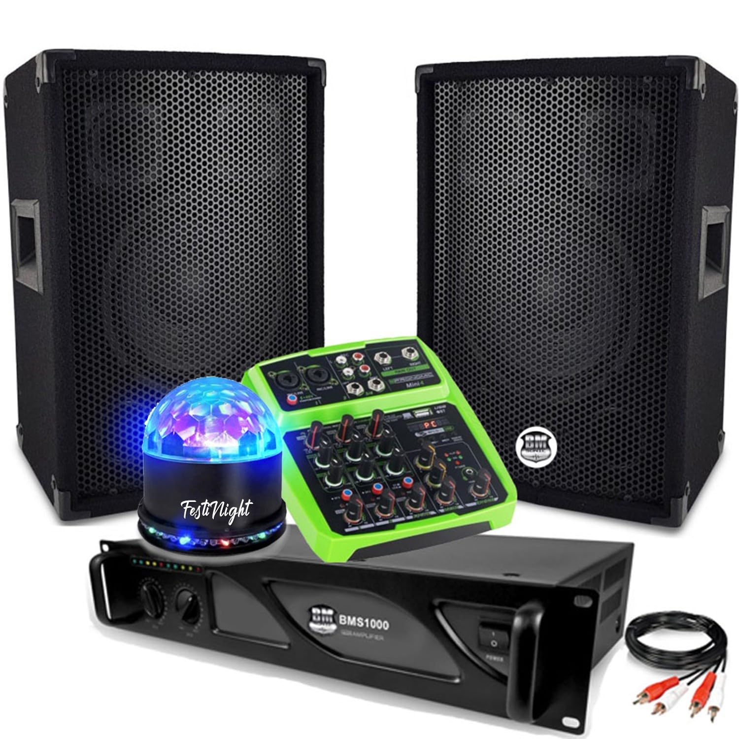 Sound-Set mit 2 Lautsprechern BMS08 Verstärker DJ Pro 1000 W Mischpult MINI4, Lichtspiel Kugel LED RGB