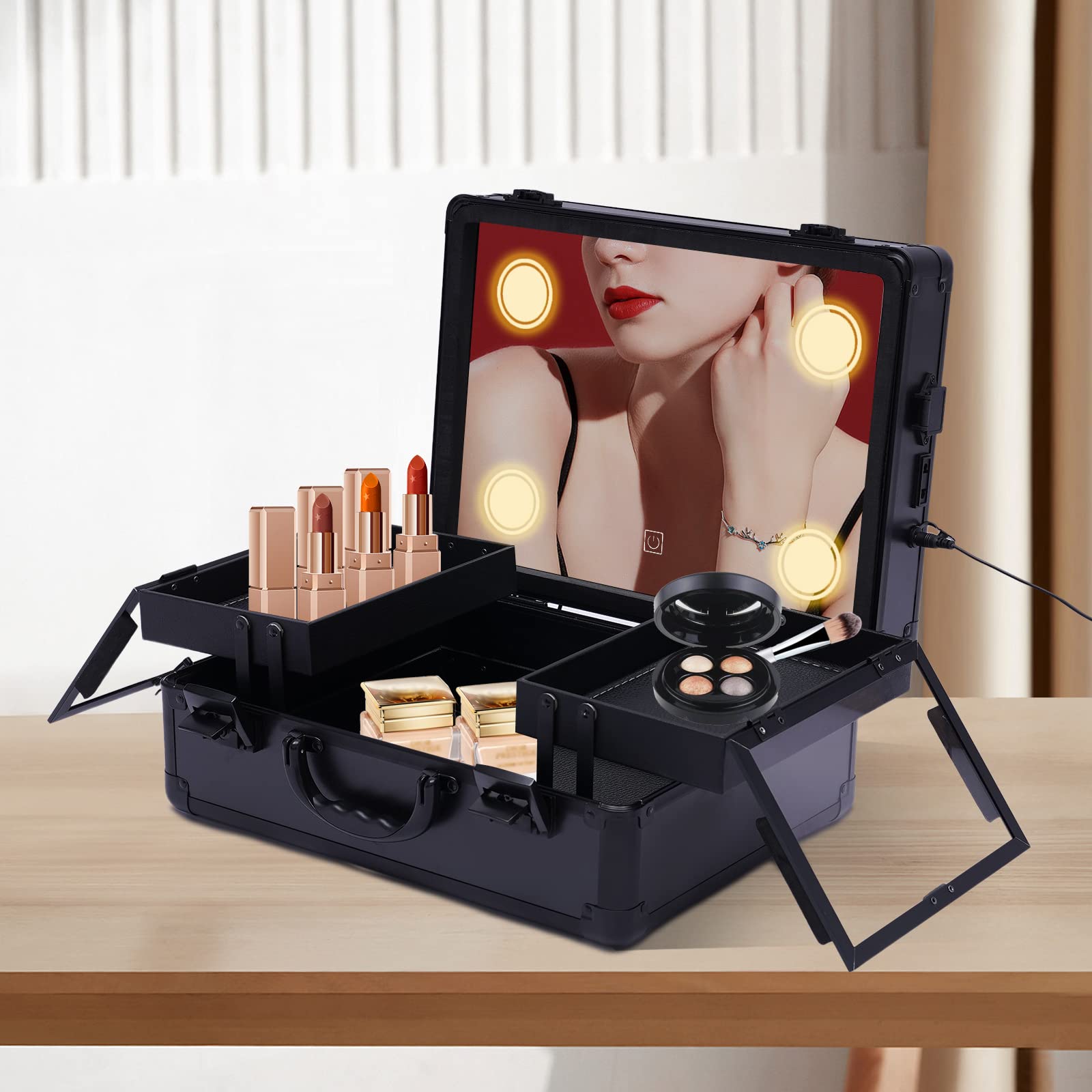 Różowe złoto ABS Makeup Case, organizer na kosmetyki z oświetleniem i lustrem, kuferek na kosmetyki z indywidualnymi przegródkami, 37 x 28 x 16 cm