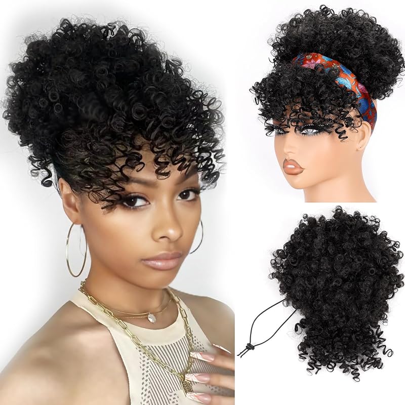 Drawstring Ponytail for Black Women, Afro Puff Bangs, 1B Natural Black | Kinky curly afro puff ponytail extension with bangs and drawstring design for natural hair updo styles