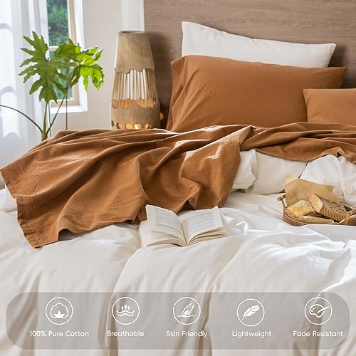 Miniatura 4 de MooMee - Juego de sábanas 100% algodón lavado, textura parecida al lino, transpirable, duradero, suave y cómodo (color naranja oscuro, tamaño queen)