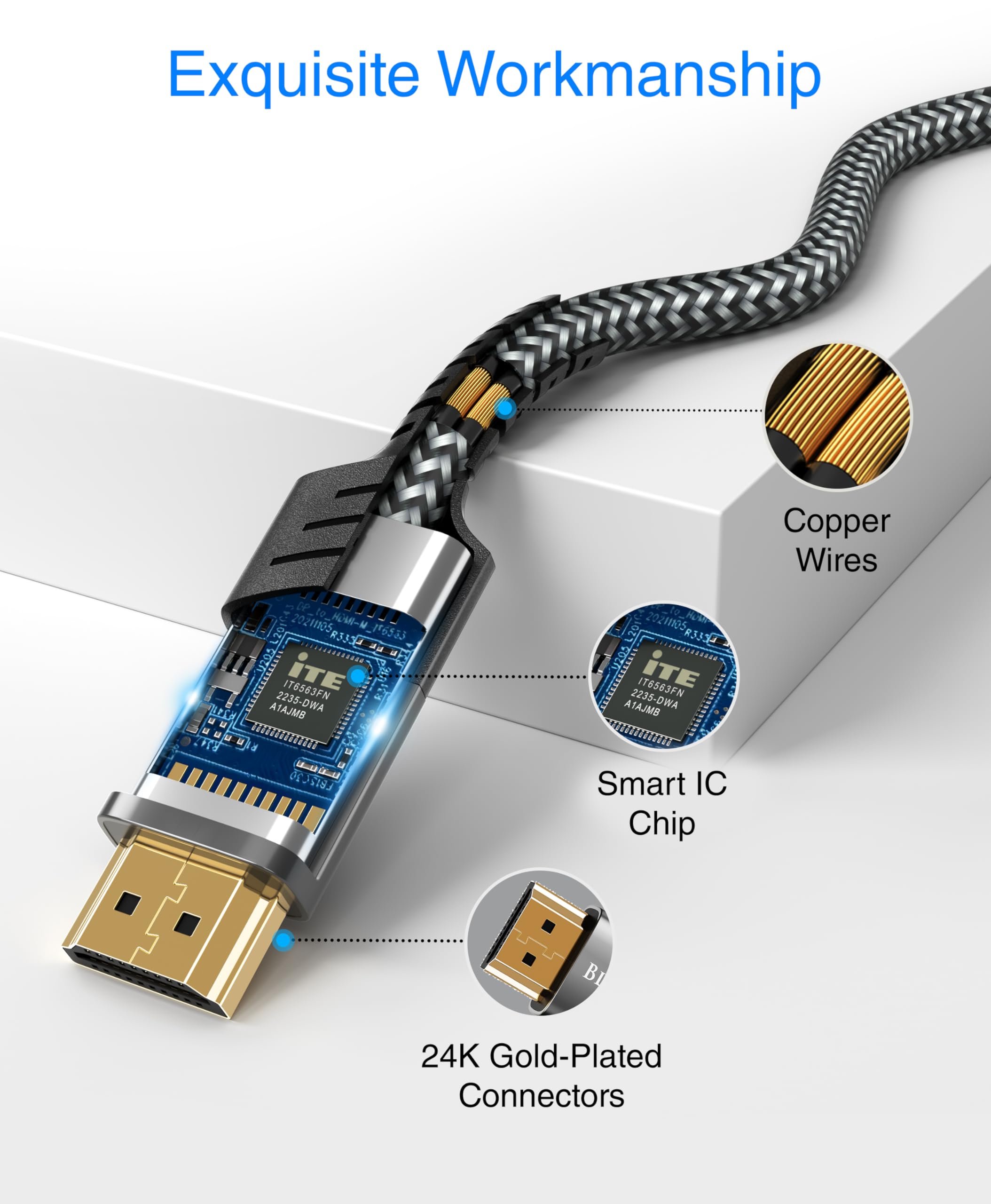 Cable USB C a HDMI de 8K (10 pies, 8K 60 Hz, unidireccional, 48 Gbps, USB tipo C 3.1, cable trenzado HDMI 2.1 premium, USBC a HDMI) – Compatible con Thunderbolt 3/4 con teléfono, laptop, 6