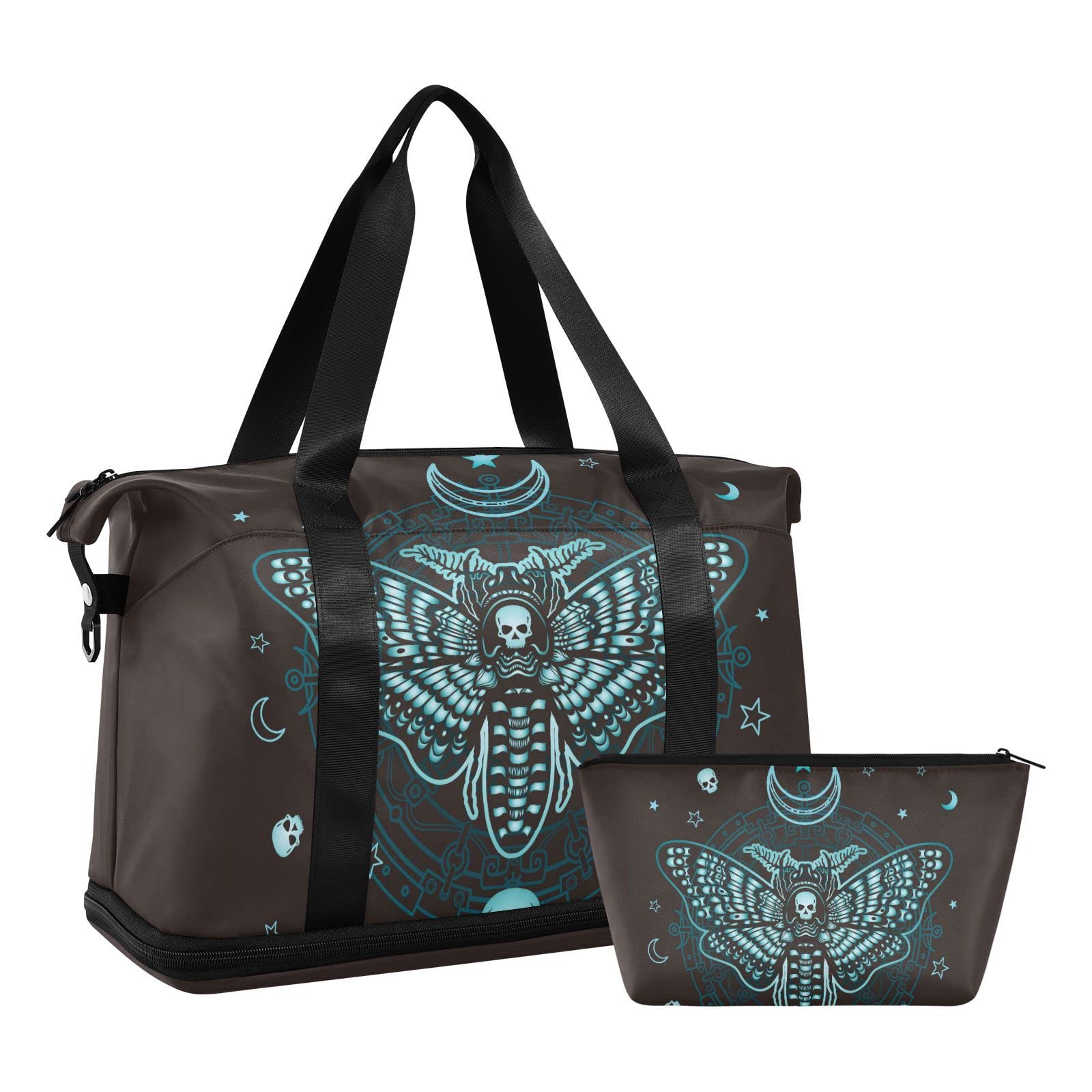 Gym Bag, Large Travel Swimming Sports Duffel Bags with Shoe Compartment Wet Pocket Women Men, Gothic Skull Butterfly Tote Gym Bag with Strap Handle Trolley Sleeve Makeup Bags