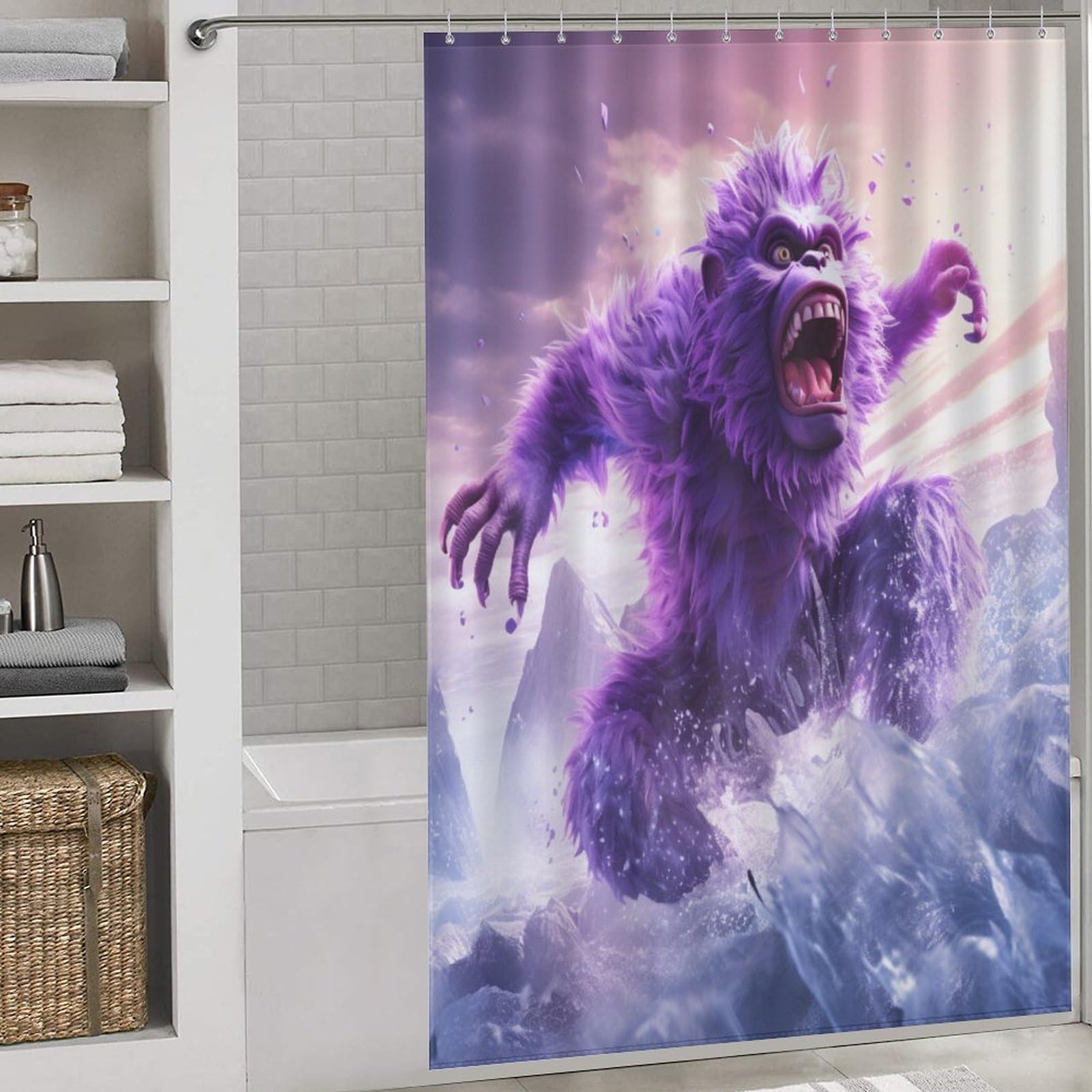Rideau de douche imperméable et lavable en polyester violet avec crochets