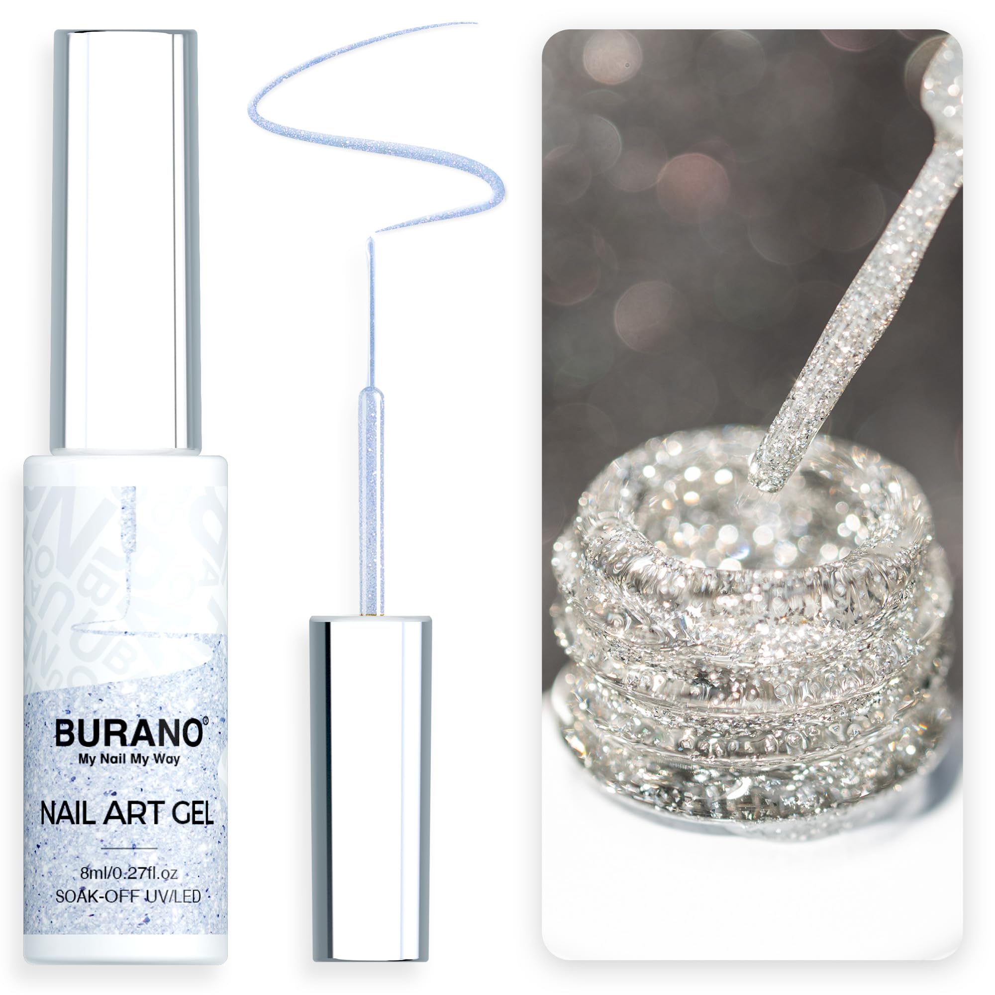 BURANO Holographic Gel Nail Polish Liner Nail Art, Reflective Glitter Painted Gel Nail Design Polish 1 Bottle, Build in Thin Brush Chrome Curing