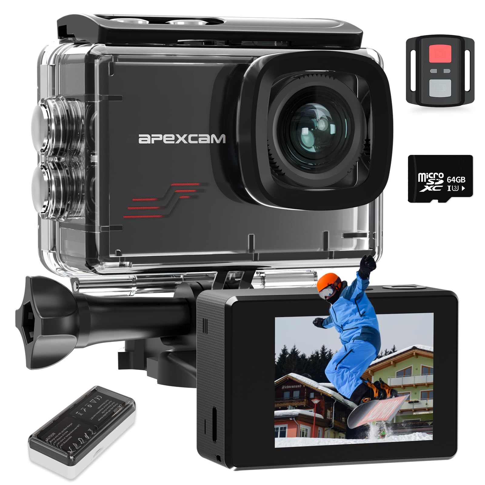 Apexcam M80 Action Cam Con 64GB Scheda 4K 60FPS 48MP WIFI 40M Ultra HD Macchina Fotografica Subacquea Impermeabile Sport Camera 8X Zoom Pre-registrazione Wide Angle Con 2x1350 Batteria Kit Accessori