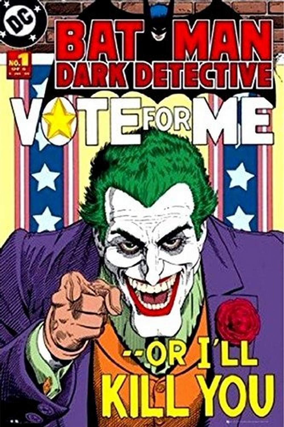 Buyartforless BUY ART FOR LESS Officially Licensed DC Joker Vote For Me - or I'll Kill You Art Poster - 36 x 24 Inch - Decorative Print - Poster Paper - Ready to Frame