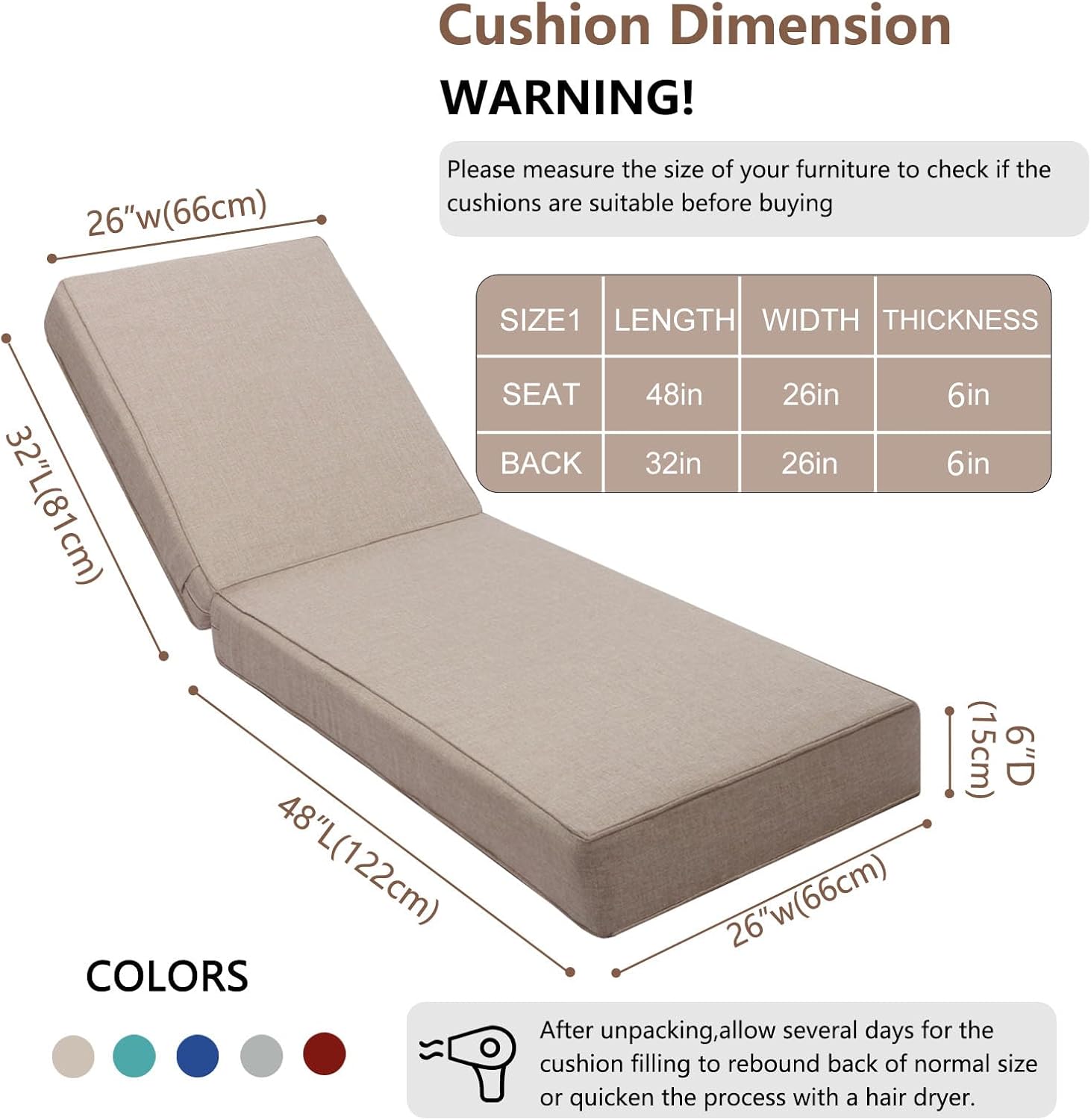 Outdoor Chaise Lounge Cushion 80"x26"x6", Waterproof 6" Extra Thickness Lounge Cushion with Removable Cover, Patio Lounge Chair Cushions Set of 2 for Outdoor Furniture, Khaki