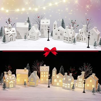 Tioncy 26 Pcs Ceramic Christmas Village Houses with Christmas Tree Berry Tree Bird Xmas Street Lamp DIY Xmas Village Houses Figurine for Tabletop Mantle Decor
