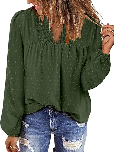 BETTE BOUTIK Women Boho Long Sleeve Shirts Dressy Casual V Neck Fall Fashion Tops Swiss Dot Flowy Blouses