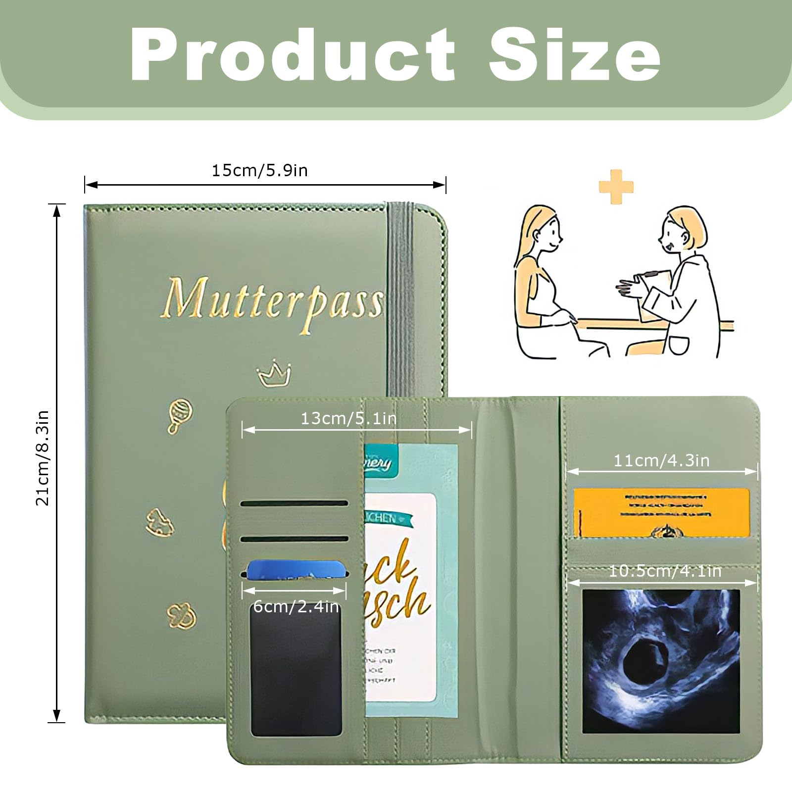 Funda para pasaporte de maternidad de piel sintética, para carné de maternidad (9 compartimentos), color verde
