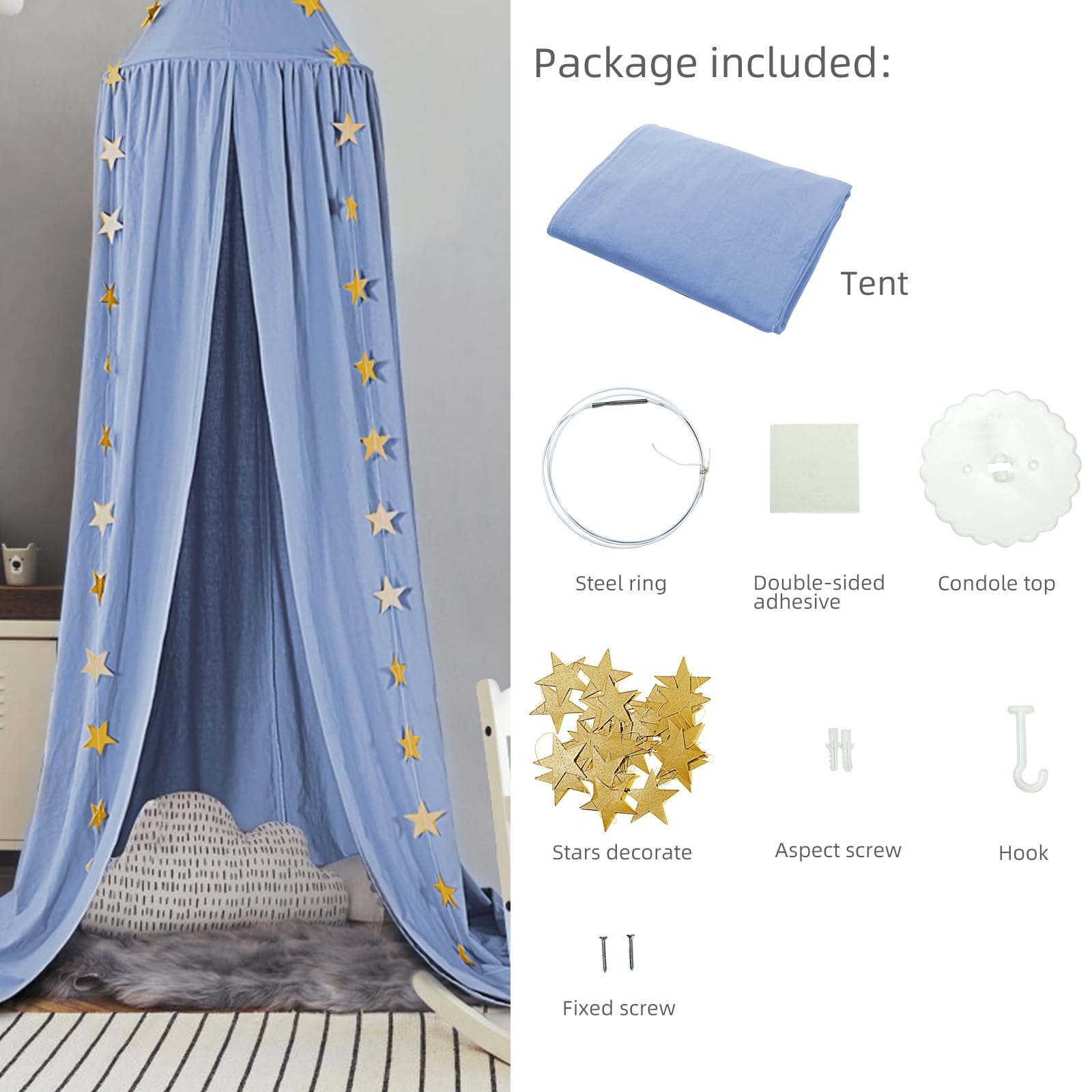 Baldacchino per bambini, in cotone, per cameretta dei bambini, con zanzariera, decorazione per la camera da letto, con ghirlanda di stelle