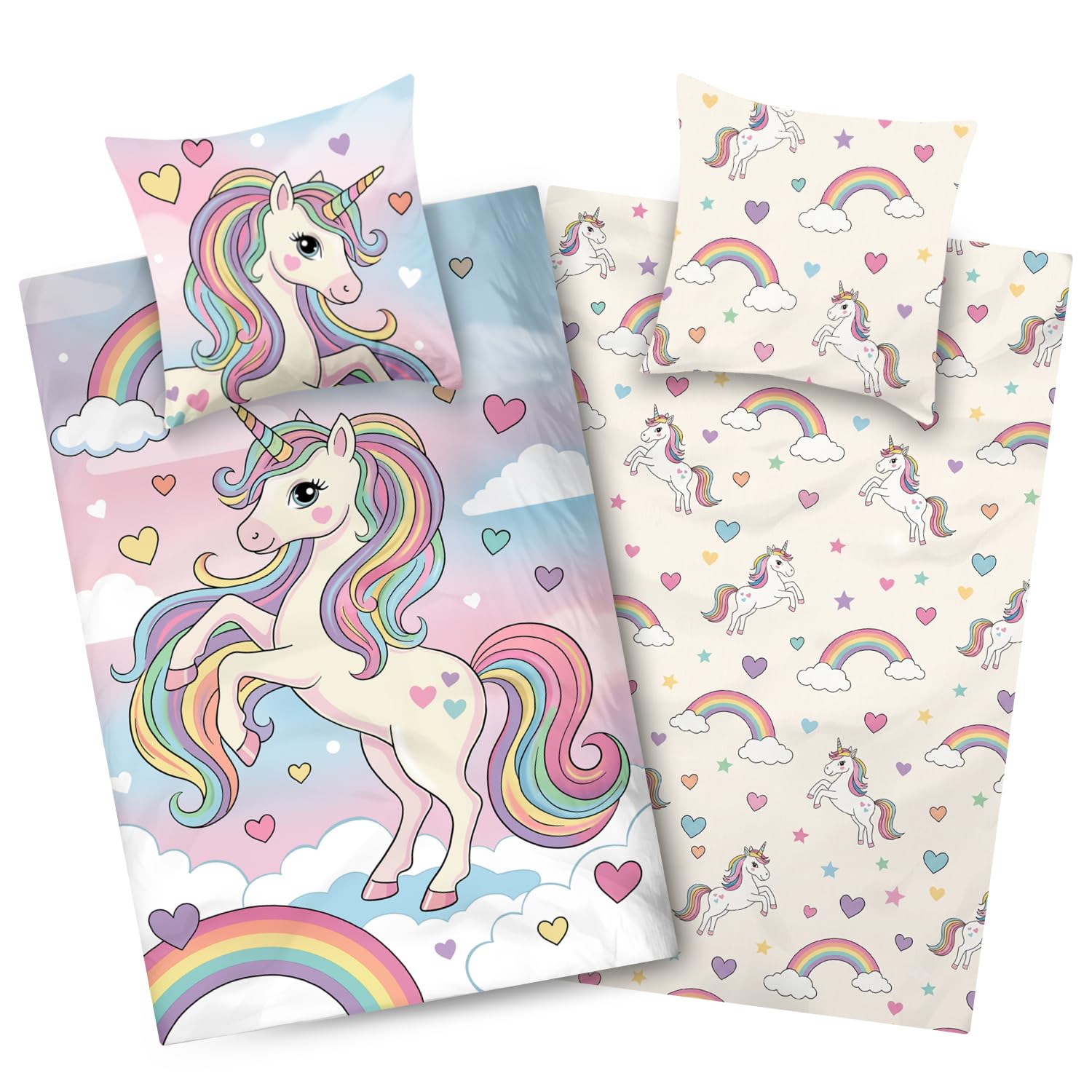Aminata kids Bettwäsche 135x200 Einhorn-Motiv Mädchen 100% Baumwolle