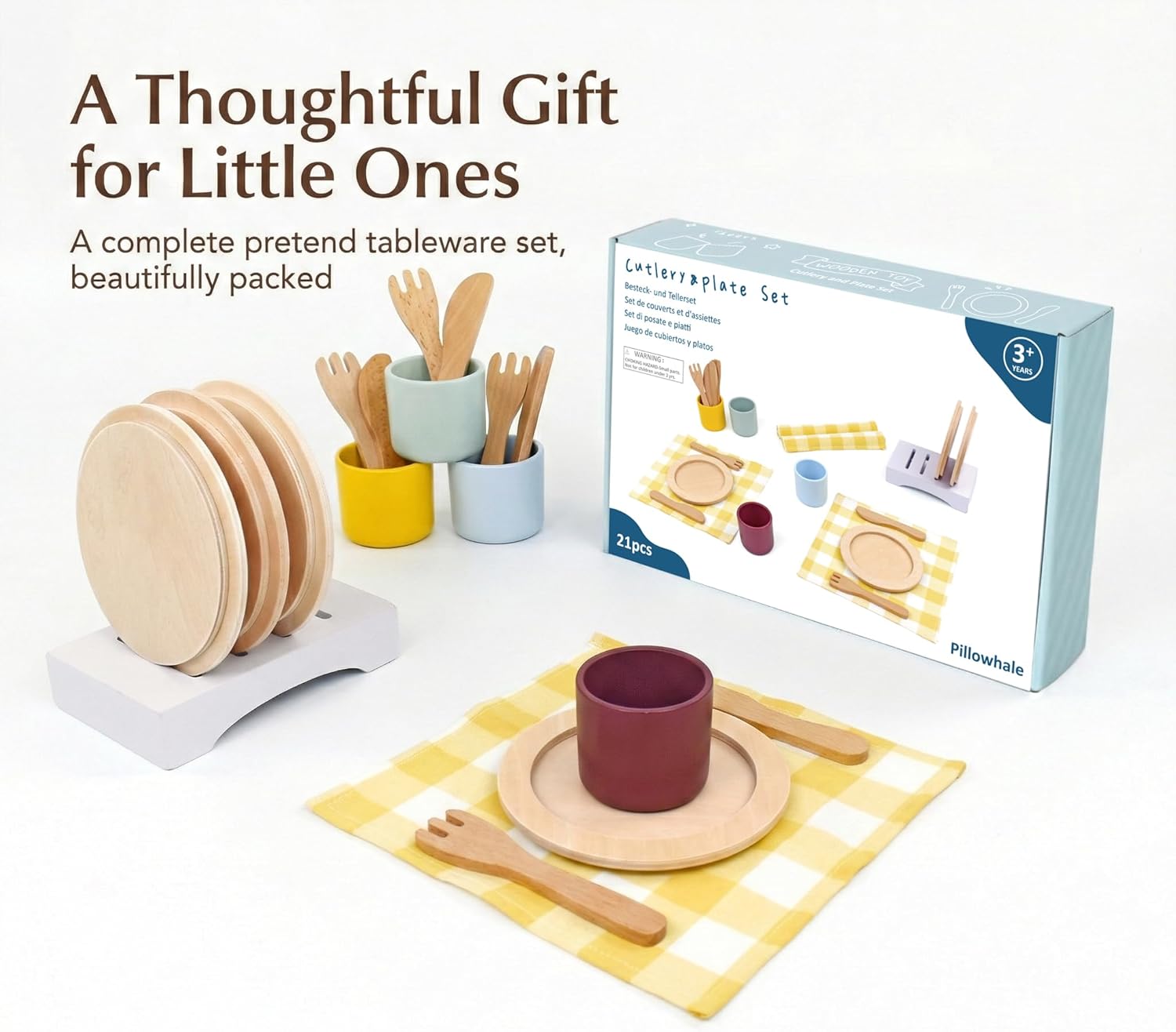 Pillowhale Wooden Table-Setting Learning Play Set for Kids Dinner Plates, Cups & Cutlery for Social Play – 21 Pcs, Ages 3+