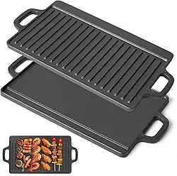 45 x 23 cm Chapa Grill para Fogão e Indução, Dupla Face Retangular, Chapa de Ferro Dupla Face, Retangular de Ferro Fundido, Frigideira Reversível Pré-Temperada