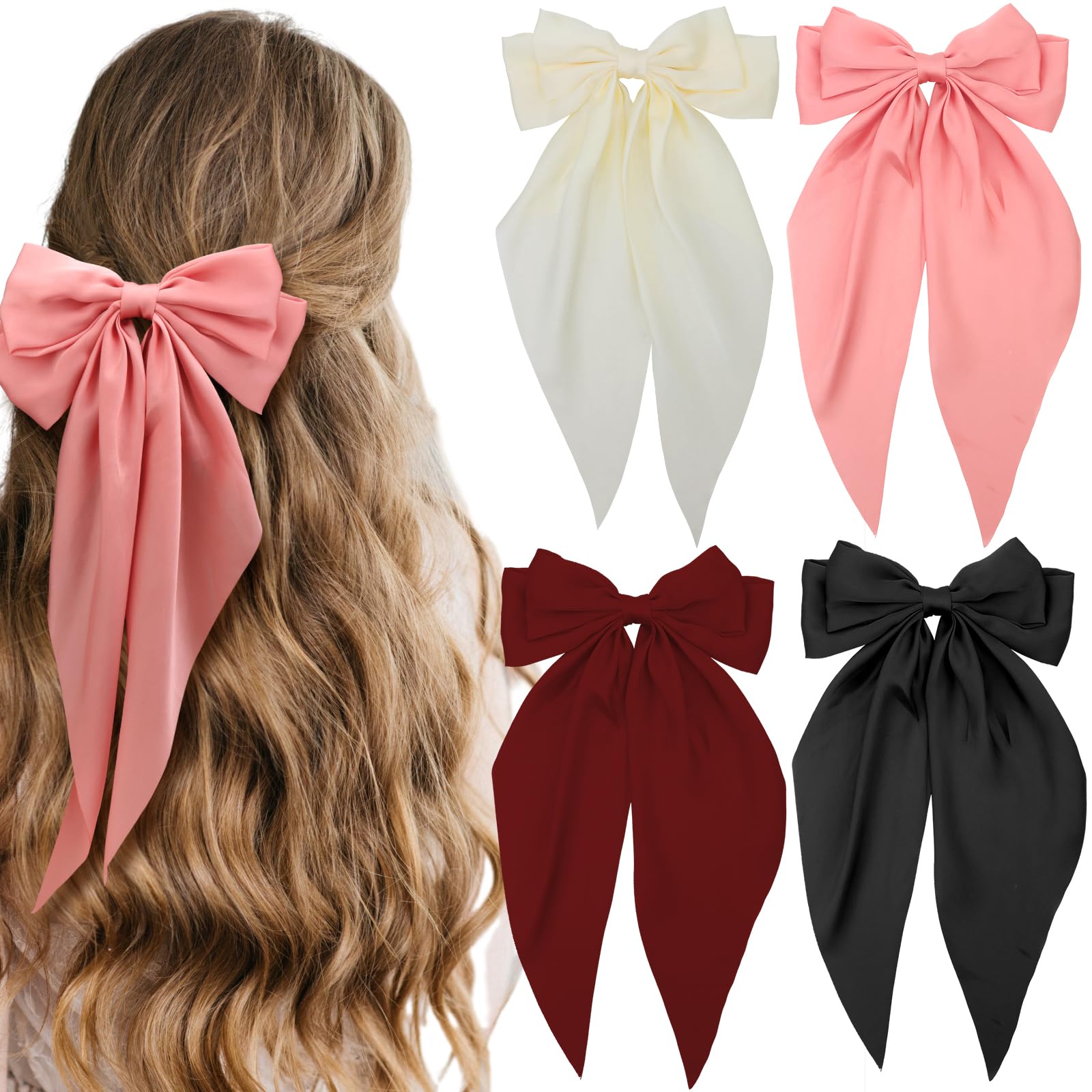 KICOSYBig Hair Bows for Women Silky Satin Hair Bow Clips Coquette Bows for Hair Elegant Large Ribbon Hair Barrettes Clips French Style Bowknot Hair Clips with Long Tail