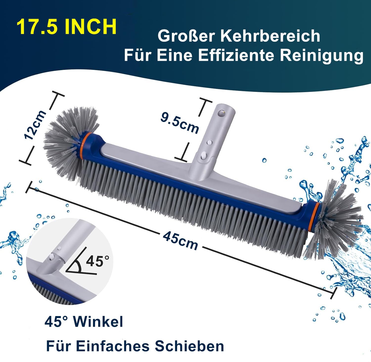 PooLiFE 17,5" Poolbürste Mit Runden Enden für Wand und Fliesen mit verstärkter Aluminium Rückseite,45cm Pool Bürste mit starken Borsten,Nicht mit Teleskopstange