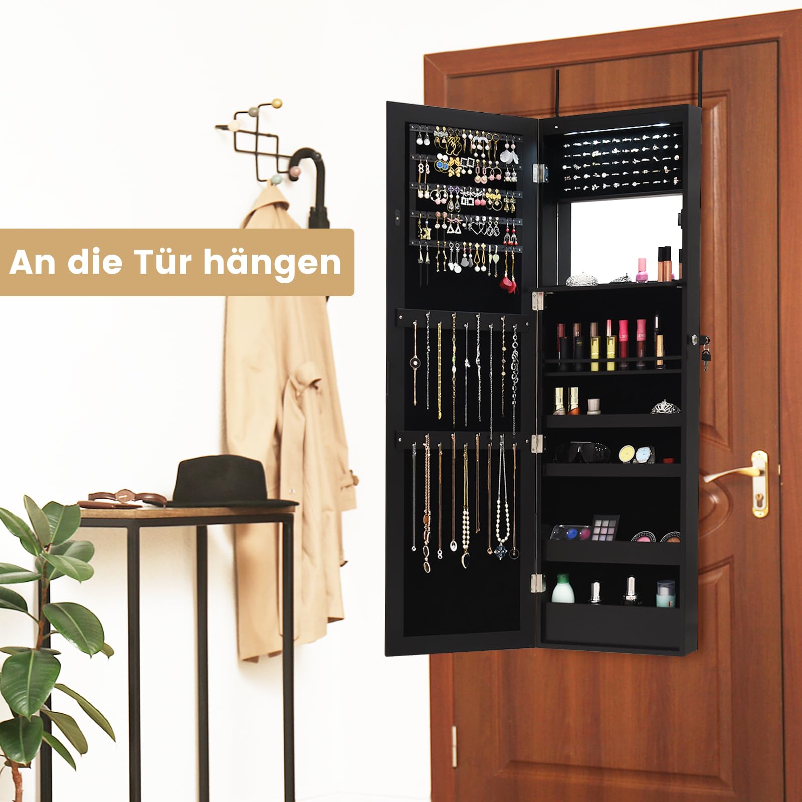 RELAX4LIFE Schmuckschrank mit Spiegels, Spiegelschrank mit Automatischen LEDs & Klappbarer Ablage, Schmuckorganizer für Ohrringe Armband Kosmetik, Hängend & Abschließbar, Tür- & Wandmontage (Schwarz)