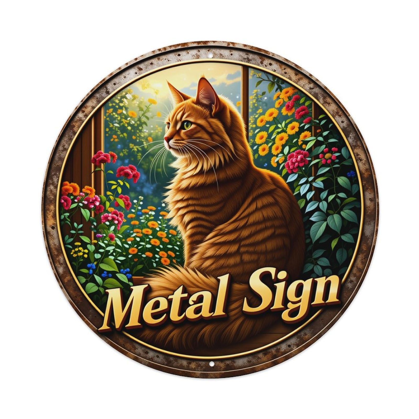 Cat Garden Flowers Window Metal Round Tin Sign Vintage Style Metal Sign Home Bar Garden Wall Plaque Decor Metal Poster 8x8 Inch