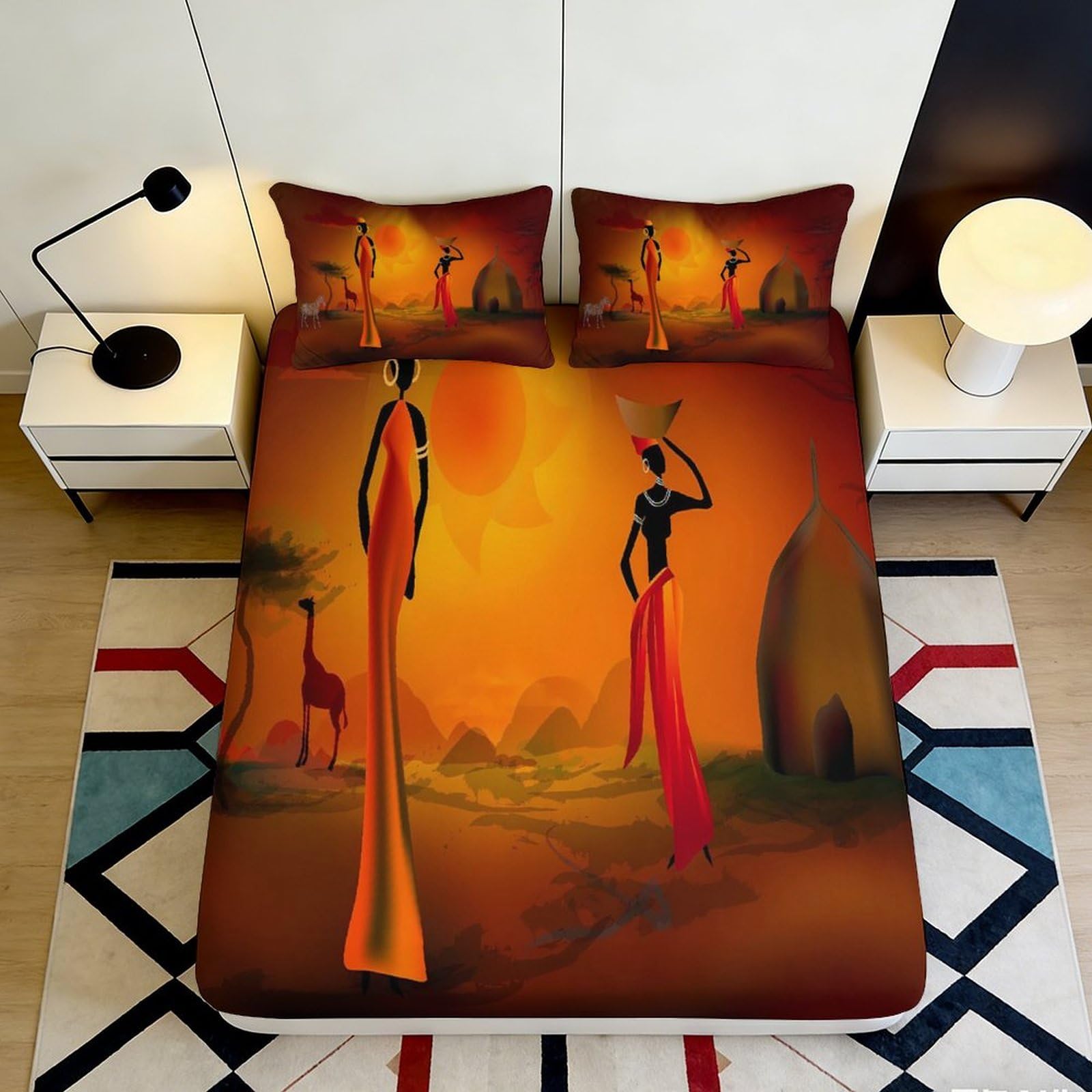 Uxinyoume Style-1 3D Printed African Sunset Fitted Sheet Microfiber Orange Tribal Art Mattress Cover For Bedroom Guest Room Easy Care 90X200x25cm