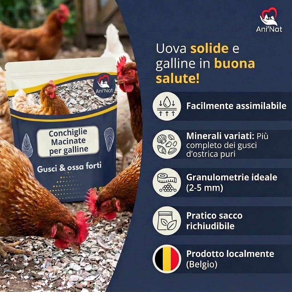 Ani'Nat NATURE ANIMALE Conchas molidas para gallinas ponedoras y Palomas. Más Variedad de minerales Que Las Conchas de ostras. Minerales y Calcio para Conchas sólidas. (7kg)