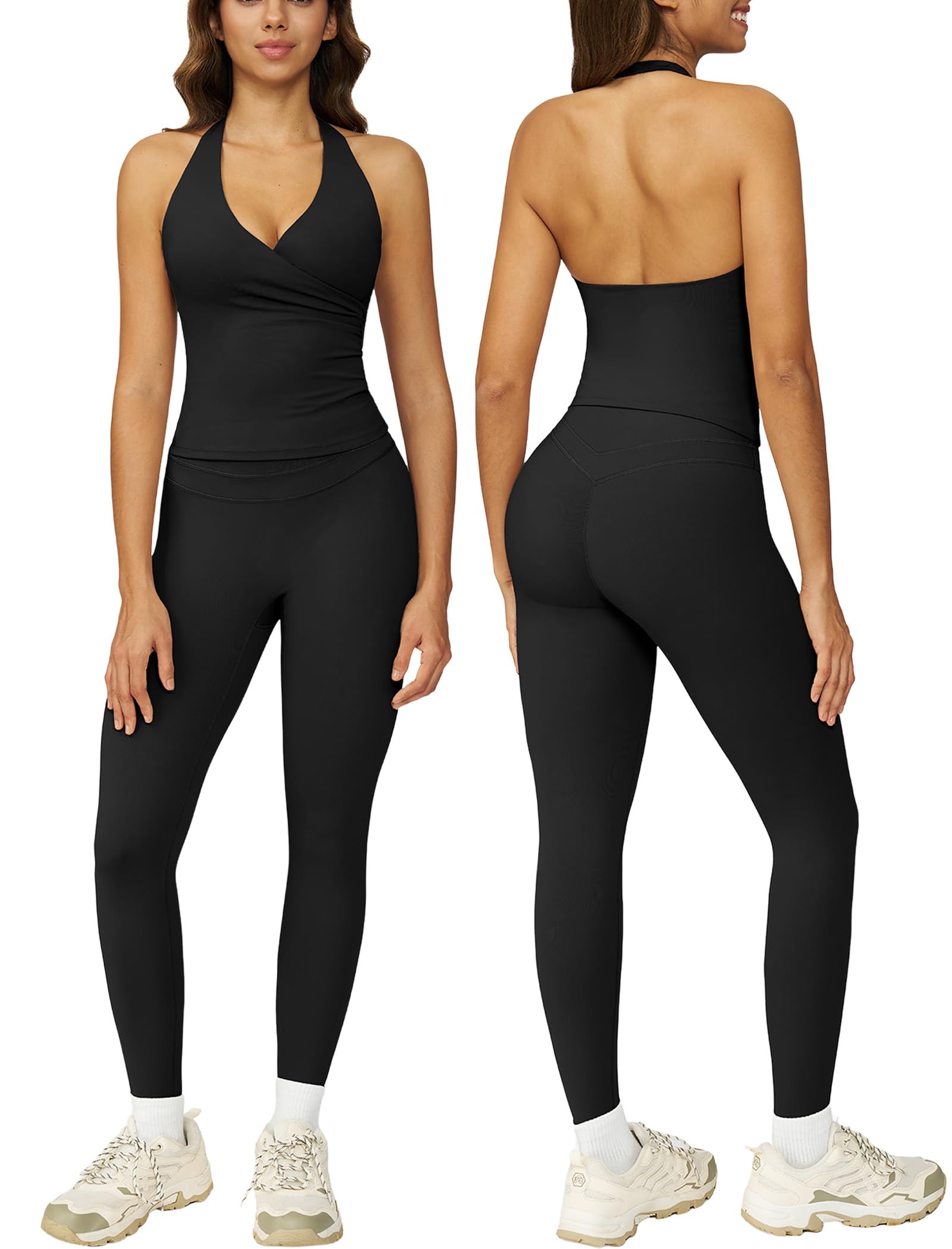 ABOCIW Two Piece Workout Sets for Women Wrap Halter Tank Top High Waist Leggings Yoga Pilates Outfits