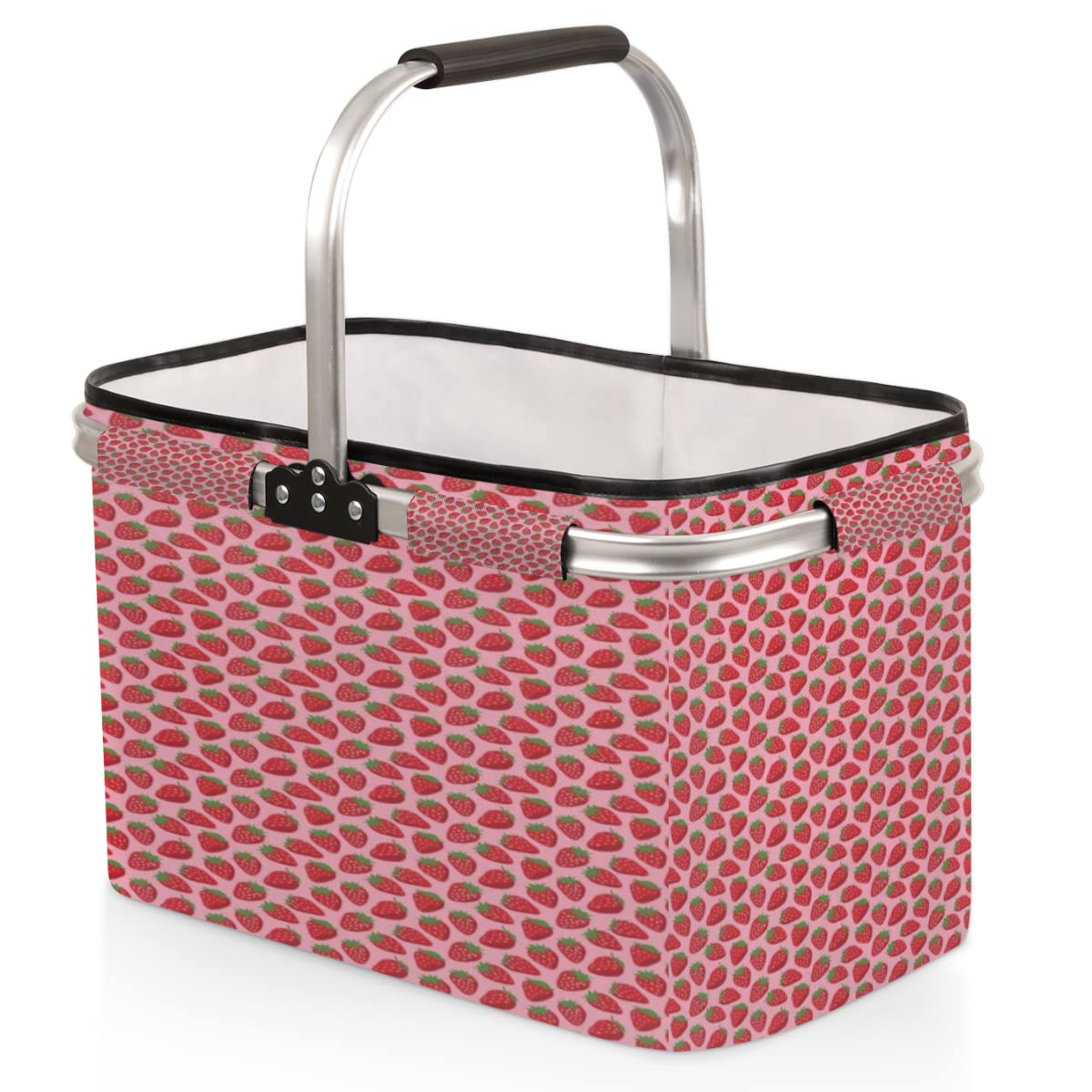 Strawberry Pink Red Folding Picnic Basket Large Collapsible Market Basket Aluminum Frame Cute Shopping Baskets Reusable Travel Camping Grocery Bags