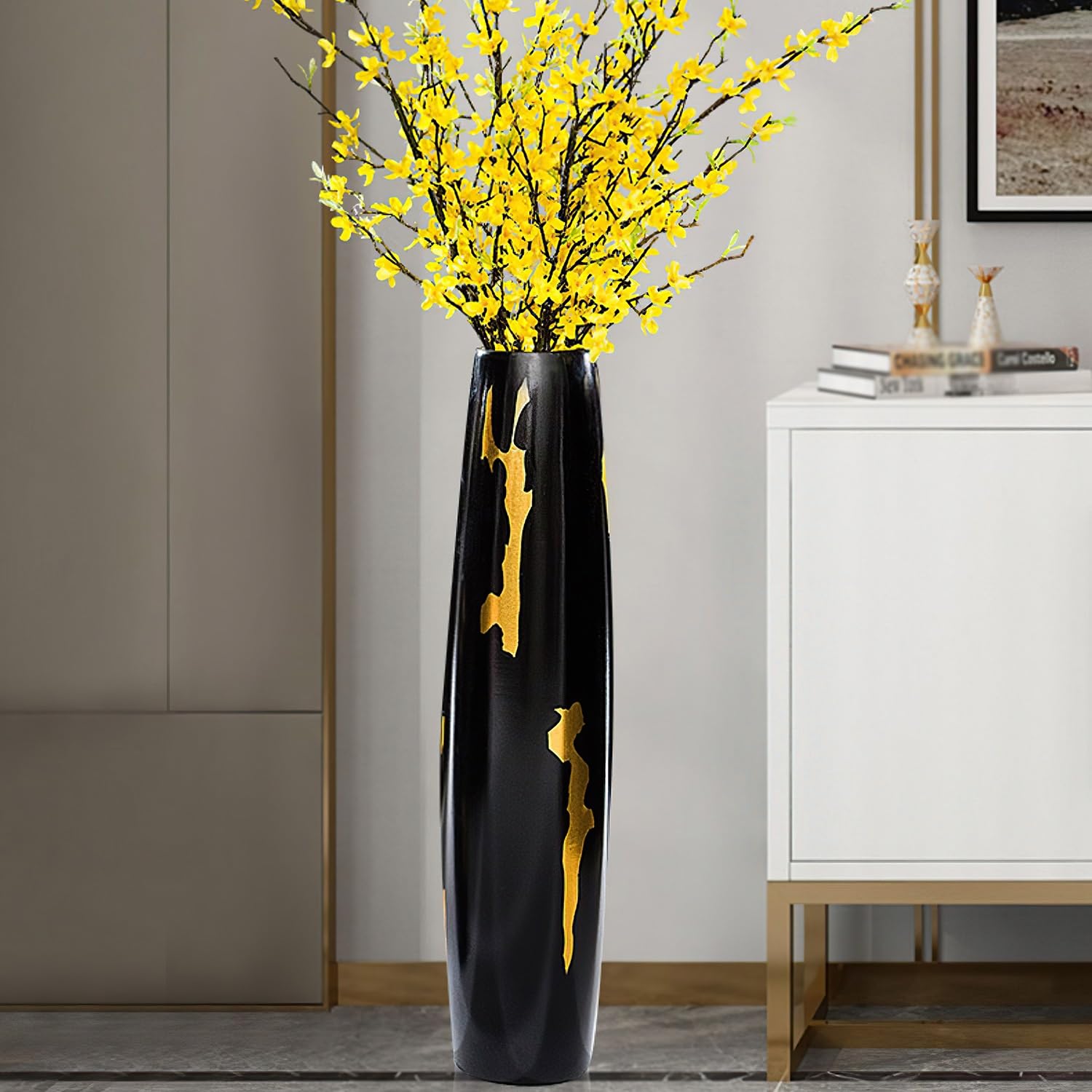 Duży Ceramiczny Wazon Podłogowy, 31,4 Cala/80 Cm Wysokości, Nowoczesny, Ręcznie Robiony Wazon Do Salonu, Kuchni, Biura, Sypialni, Przedpokoju, Ozdobne Gałęzie I Suszone Kwiaty, Czarny, 13 X 60 Cm