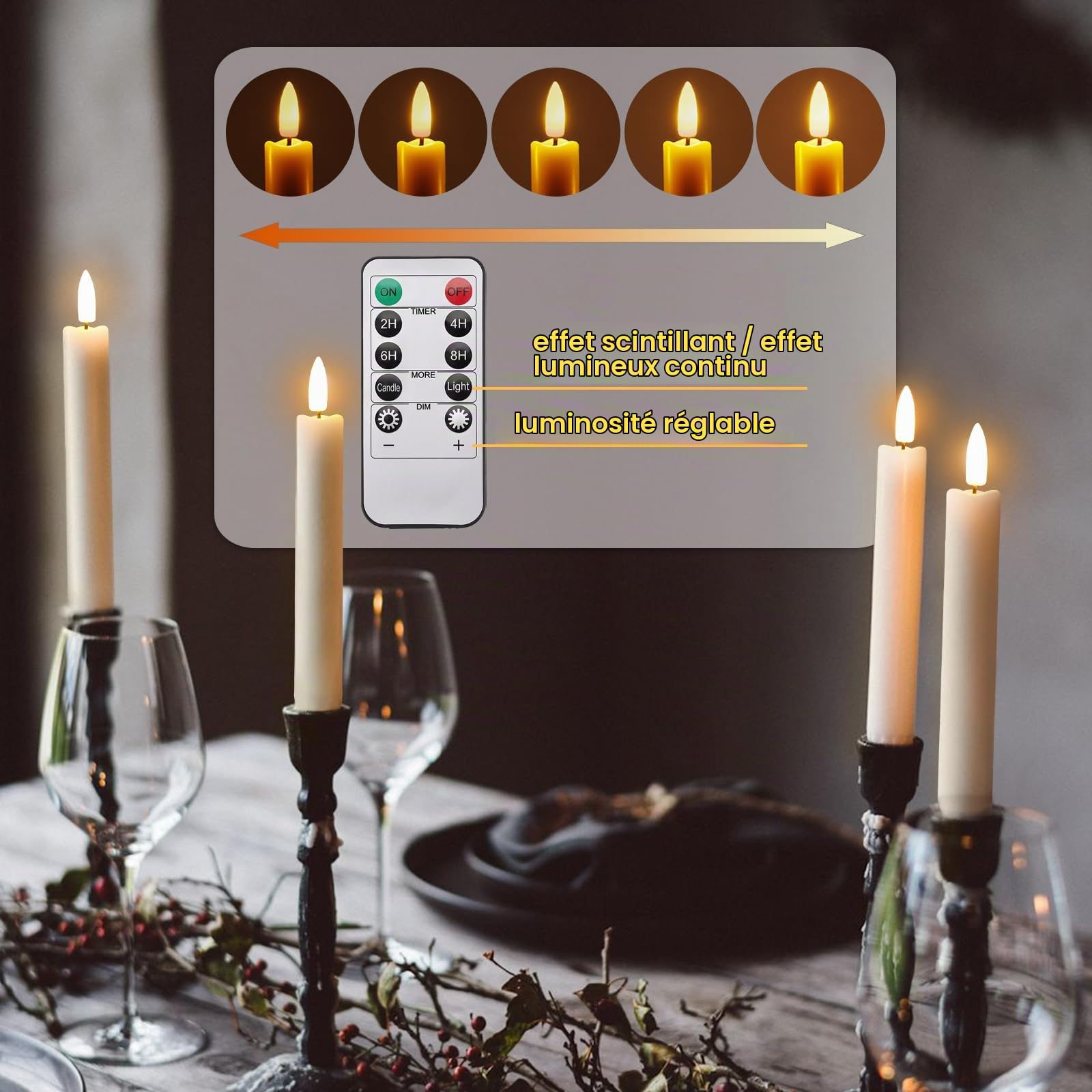 IMAGE Lot de 12 bougies coniques sans flamme avec télécommande, mèche 3D rechargeable, couleur ivoire avec minuterie, ligne de pêche de 100 m, décoration d'intérieur, mariage, anniversaire, Noël