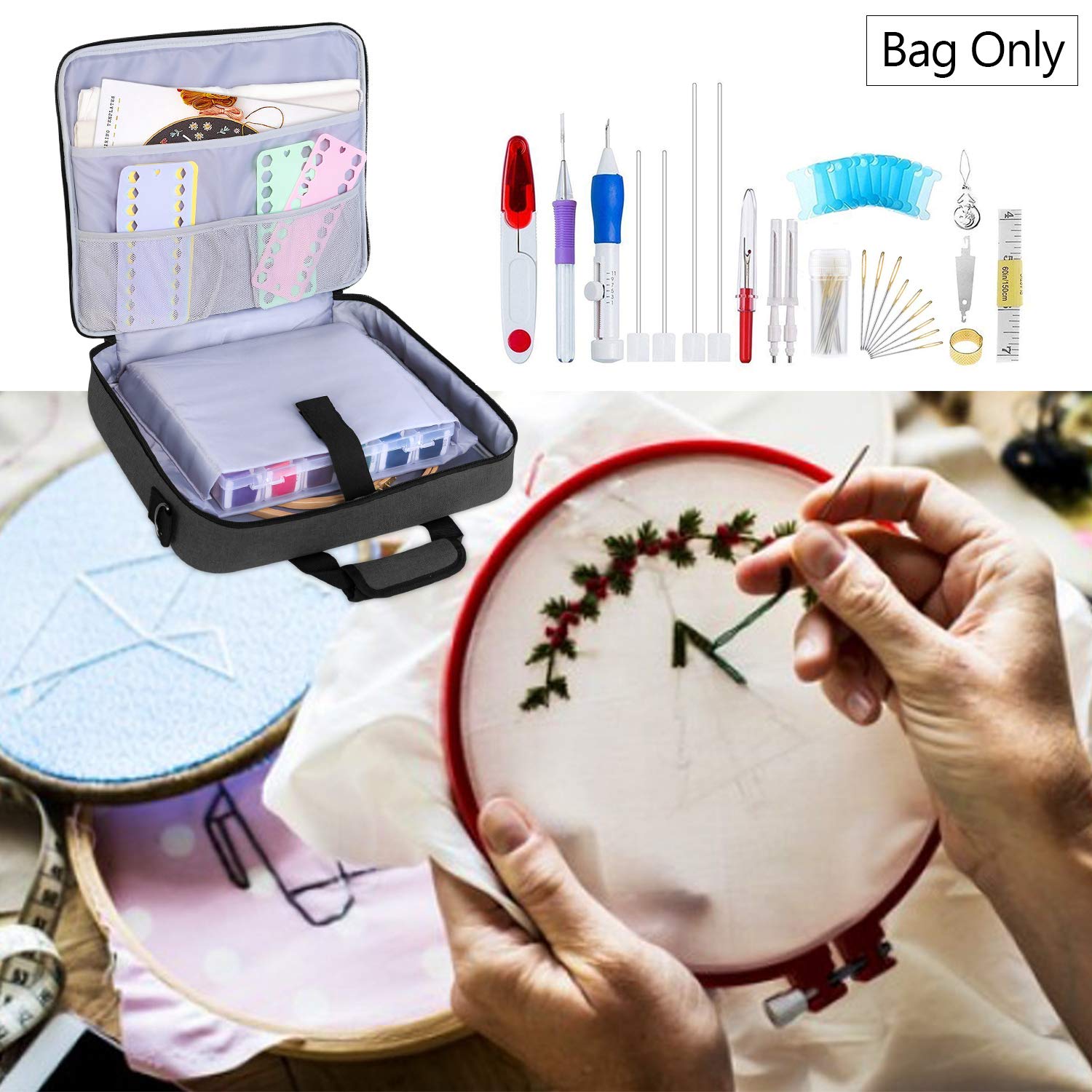 Luxja Tasche für Stickerei Set, Kreuzstich Zubehör Tasche, Stickerei Tasche für Stickrahmen, Farbfäden, Stickgarn und andere Stickerei kit, Schwarz