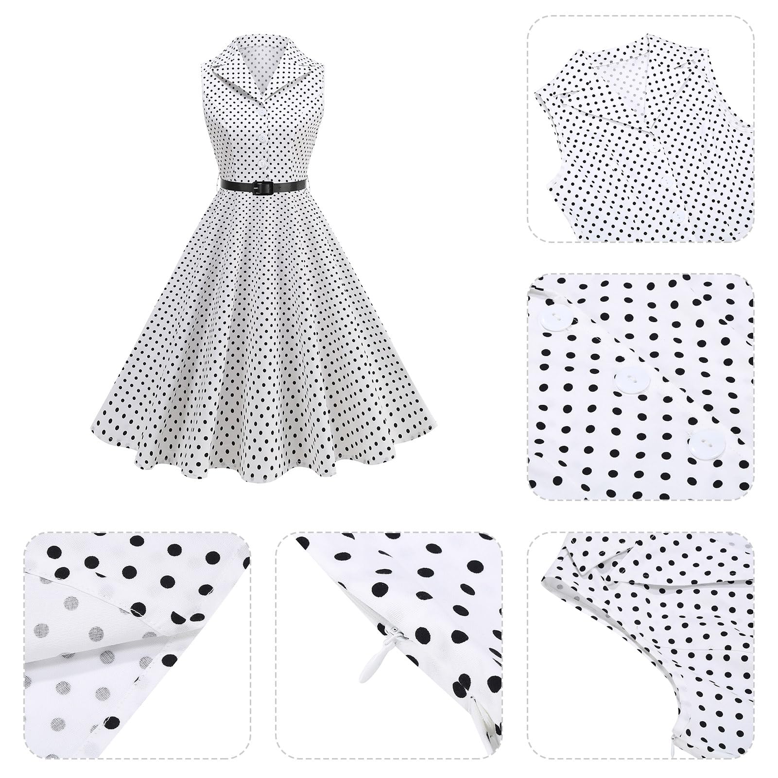 Robe vintage des années 1950 Rockabilly Swing élégante à pois à revers pour cocktail Audrey Hepburn Style formel Prom Tea Party Midi Robe midi avec ceinture