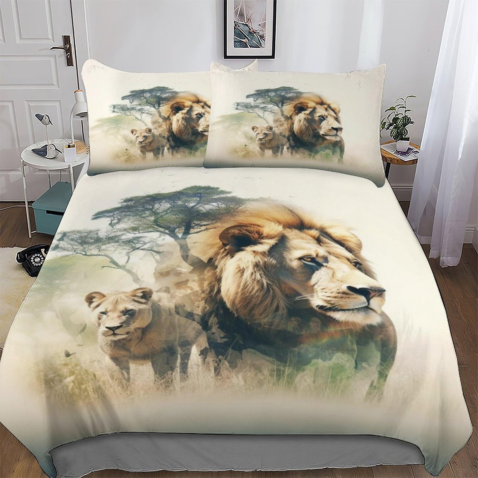 Llxxhh Boys Lion-2 Lion Comforter Cover Set Microfibre Bedding Set Duvet Cover With Pillowcases Soft Quilt Cover 2 Pcs For Girls Single(135X200cm)