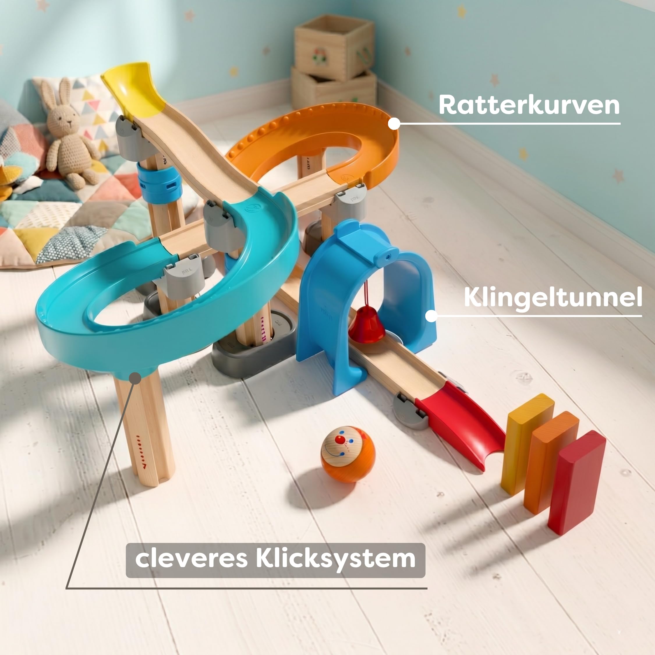 HABA Kullerbü Step-By-Step: Mitwachsende Kugelbahn & Murmelbahn für Kleinkinder ab 1-4 Jahren. Stabiles Klicksystem, kompatibel mit Allen Kullerbü-Bahnen - 2012252001