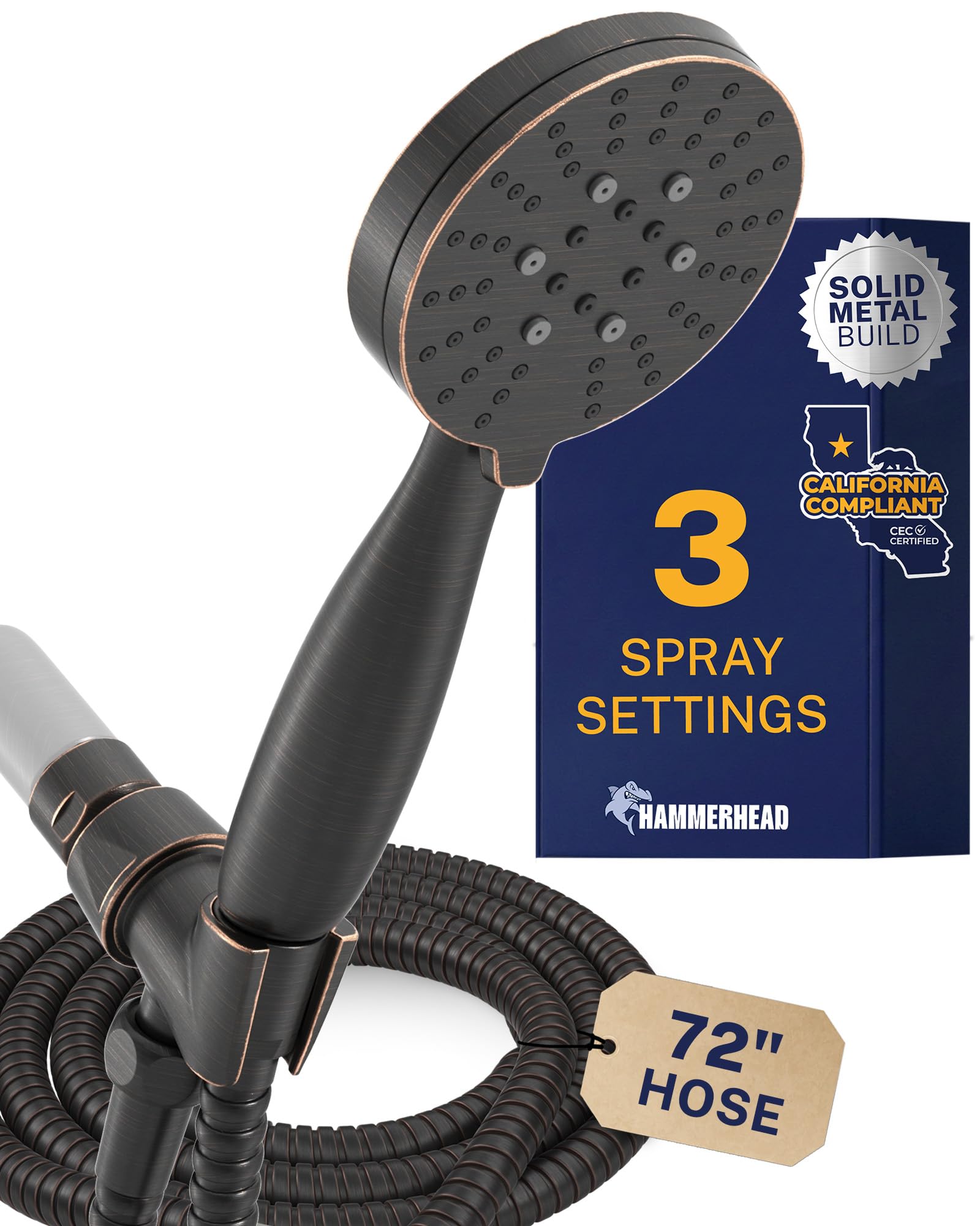 HammerHead Showers® Solid METAL 3-Spray Handheld Shower Head with Long Hose and Holder OIL RUBBED BRONZE - WIDE MASSAGE and MIST Sprays - 1.8 GPM Low Flow Handheld Showerhead -Water Saving Shower Head
