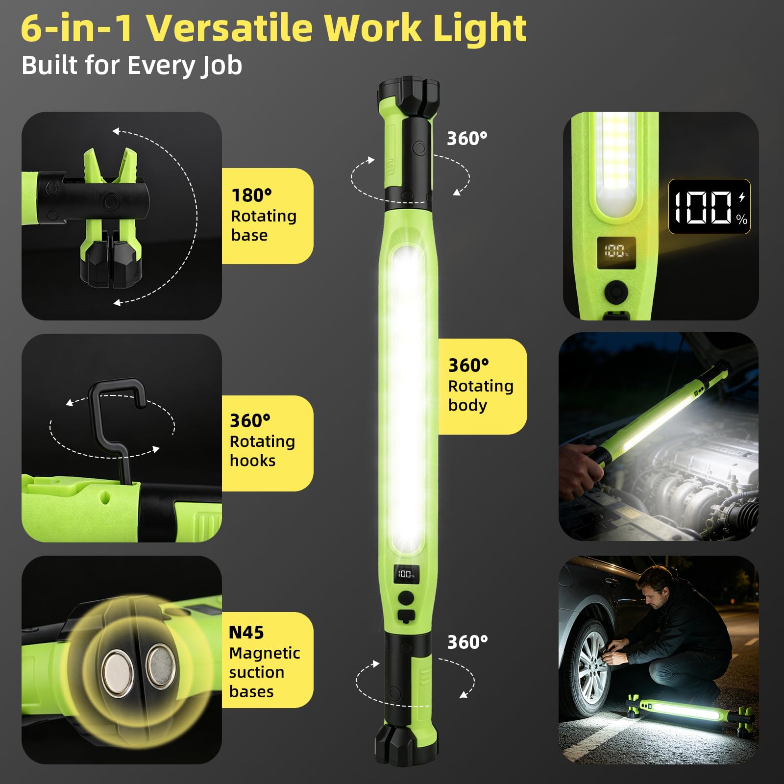 Wiederaufladbare LED-Arbeitsleuchte, 3000 lm, tragbare Mechanikerleuchte mit Magnetfuß, Haken und Klemmen, 4 Modi, Unterhaube, Arbeitsleuchte mit rotem SOS für Autoreparatur, Garage, 2 Stück