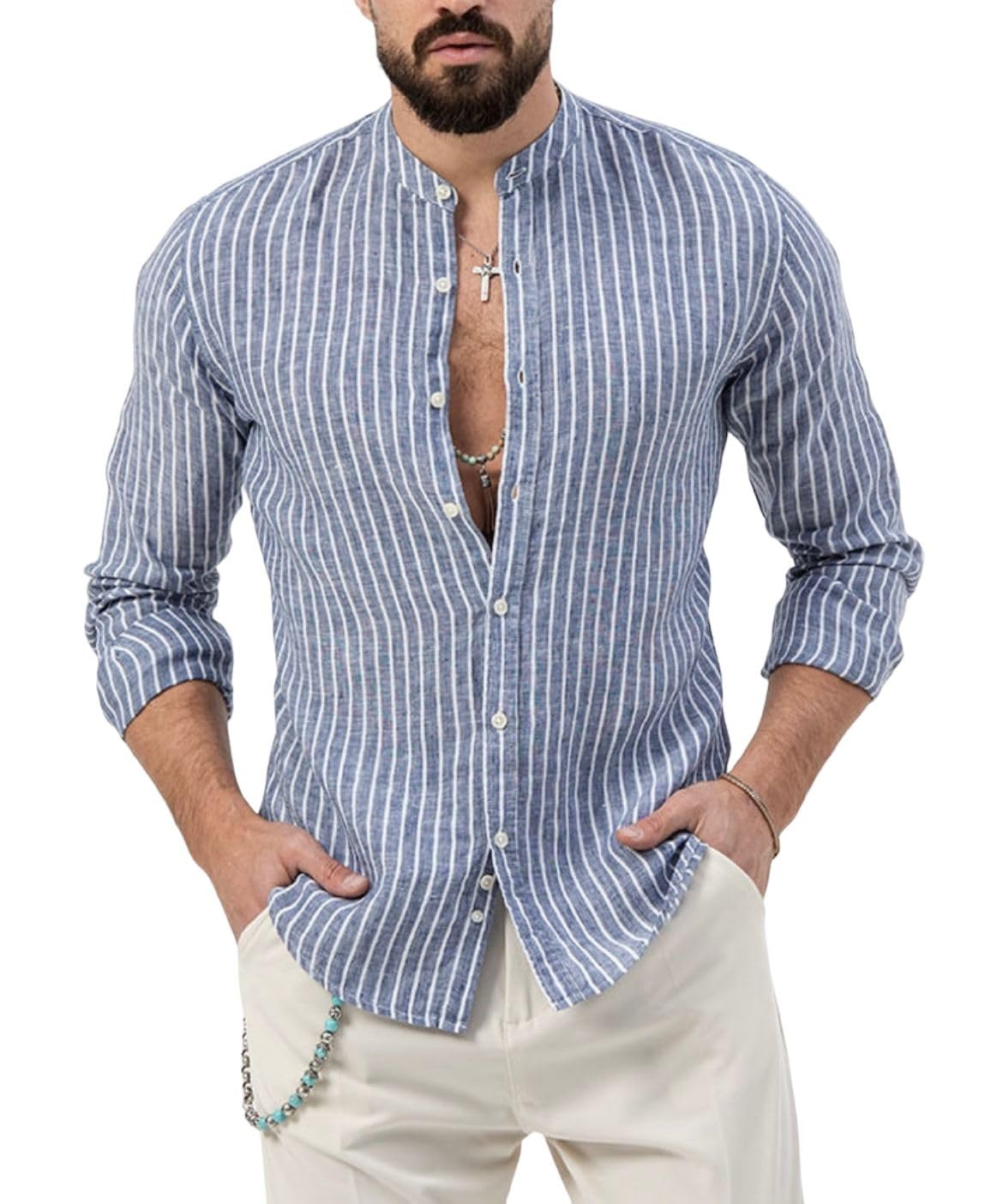 Genérico Camisa Hombre Camisa de Lino Camisa de Verano Camisa de Playa Negro Blanco Rosa Manga Larga Color sólido Cuello Hawaiano Festivos Ropa