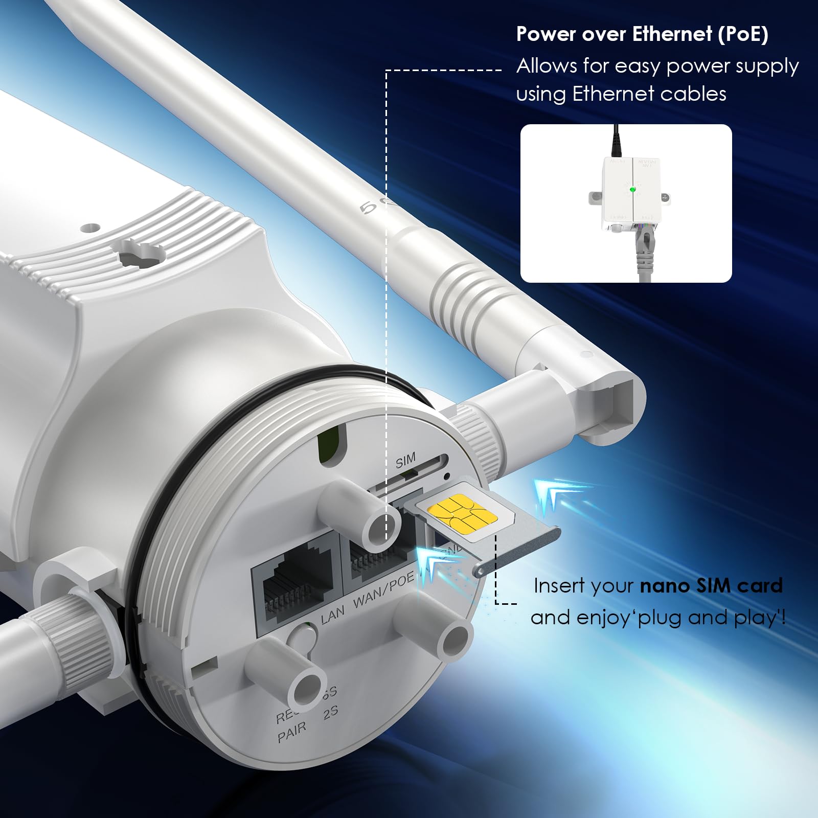 Ripetitore WiFi Esterno Potente Wavlink AC1200 4G LTE Dual Band Alta Potenza con Antenna Lunga Portata 7dBi e Slot SIM - Amplificatore WiFi Outdoor PoE per Copertura Estesa Fino a 200m